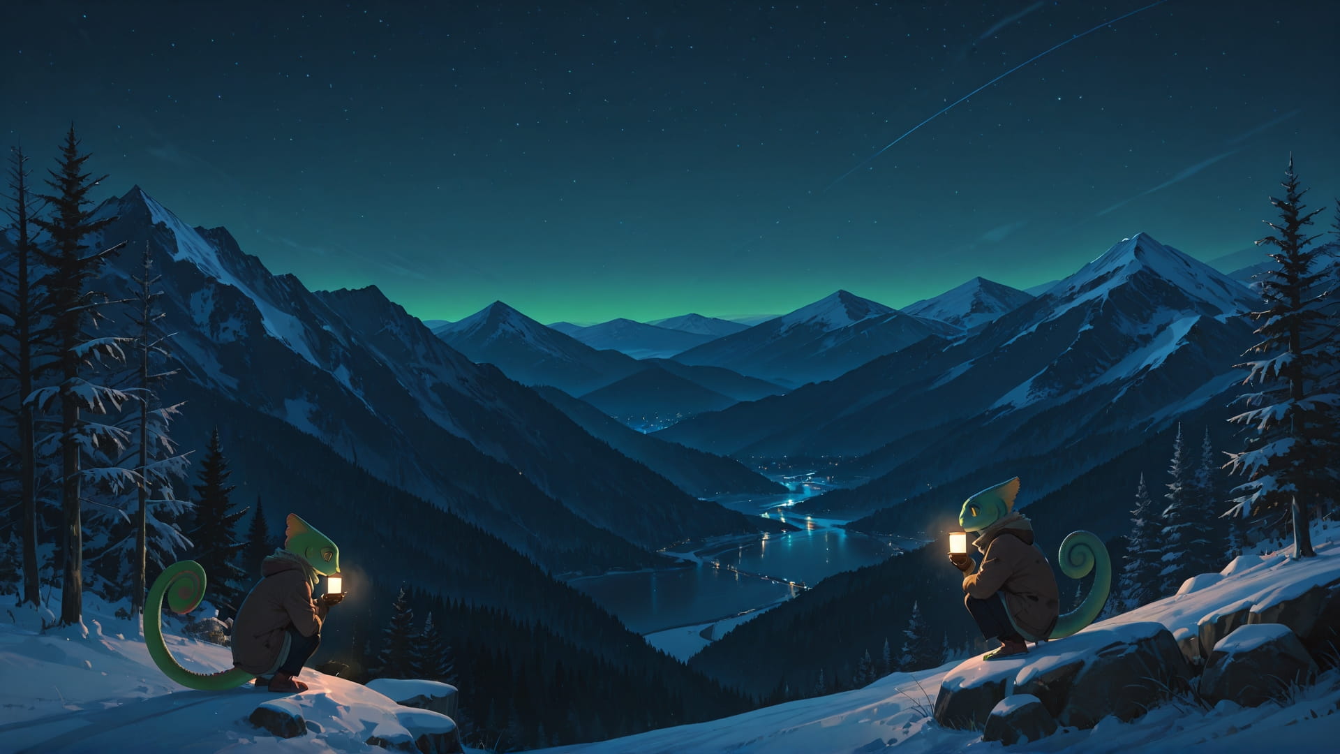 Green Night Mountain Agentic smartphone wallpaper free download, vertical 16:9 format, Green, Night, Mountain, Winter