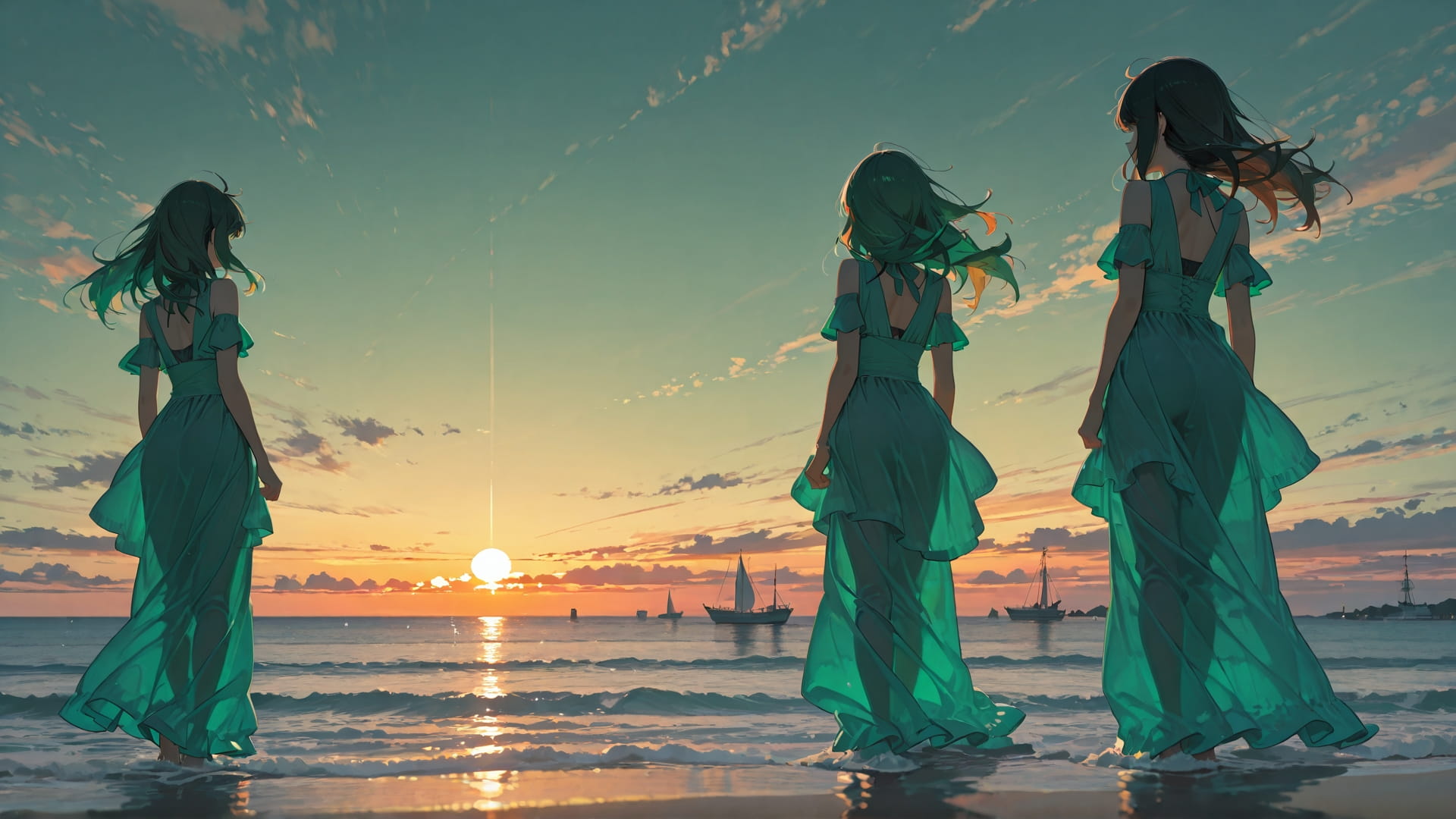 Green Sunset Sea Agentic smartphone wallpaper free download, vertical 16:9 format, Green, Sunset, Sea, Summer 001