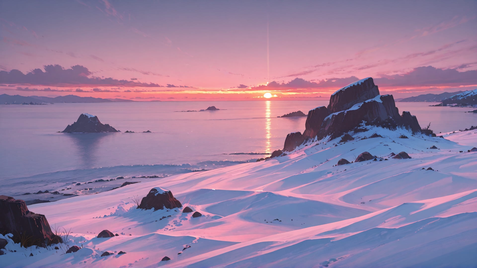 Pink Sunset Sea Agentic smartphone wallpaper free download, vertical 16:9 format, Pink, Sunset, Sea, Winter 001