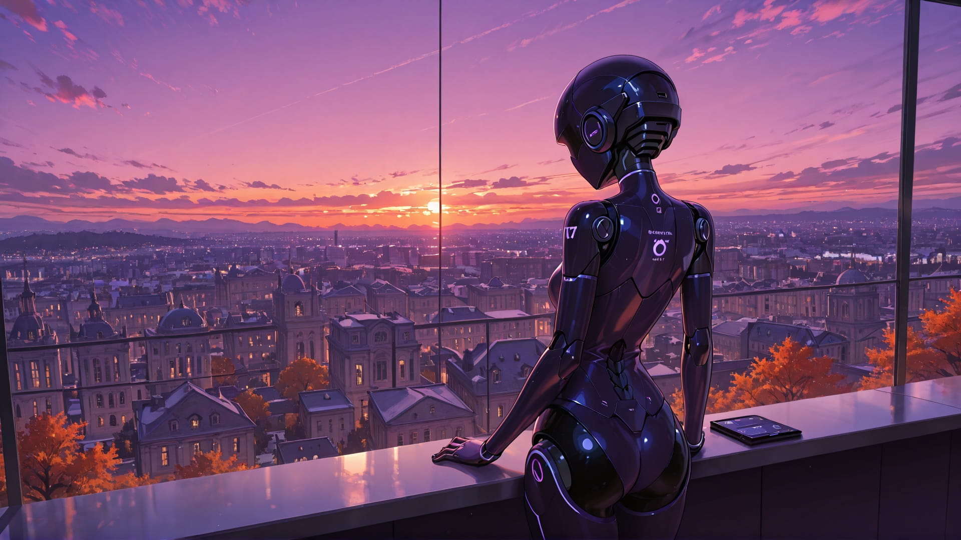 Purple Sunset City Agentic smartphone wallpaper free download, vertical 16:9 format, Purple, Sunset, City, Autumn