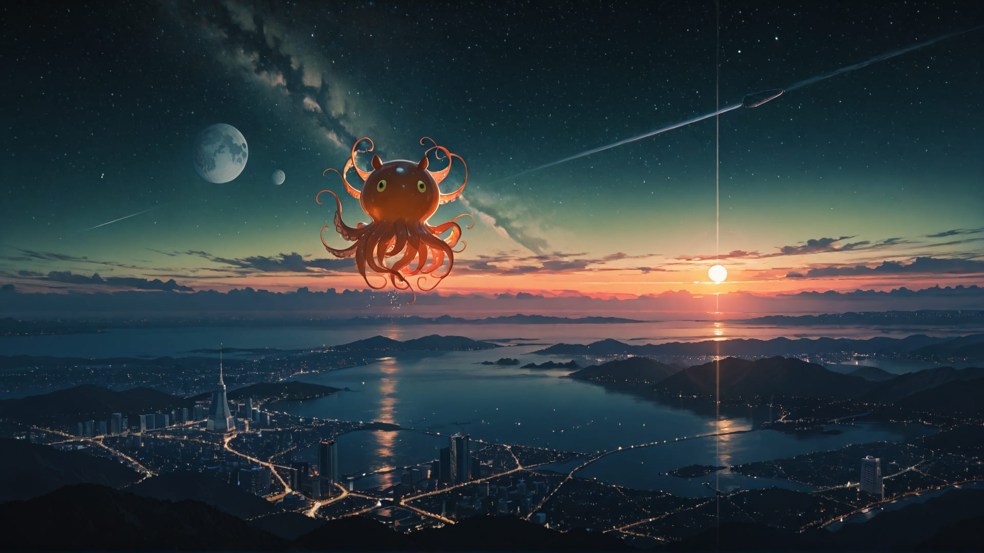 Green Sunset City Artemis smartphone wallpaper free download, vertical 16:9 format, Green, Sunset, City, Summer