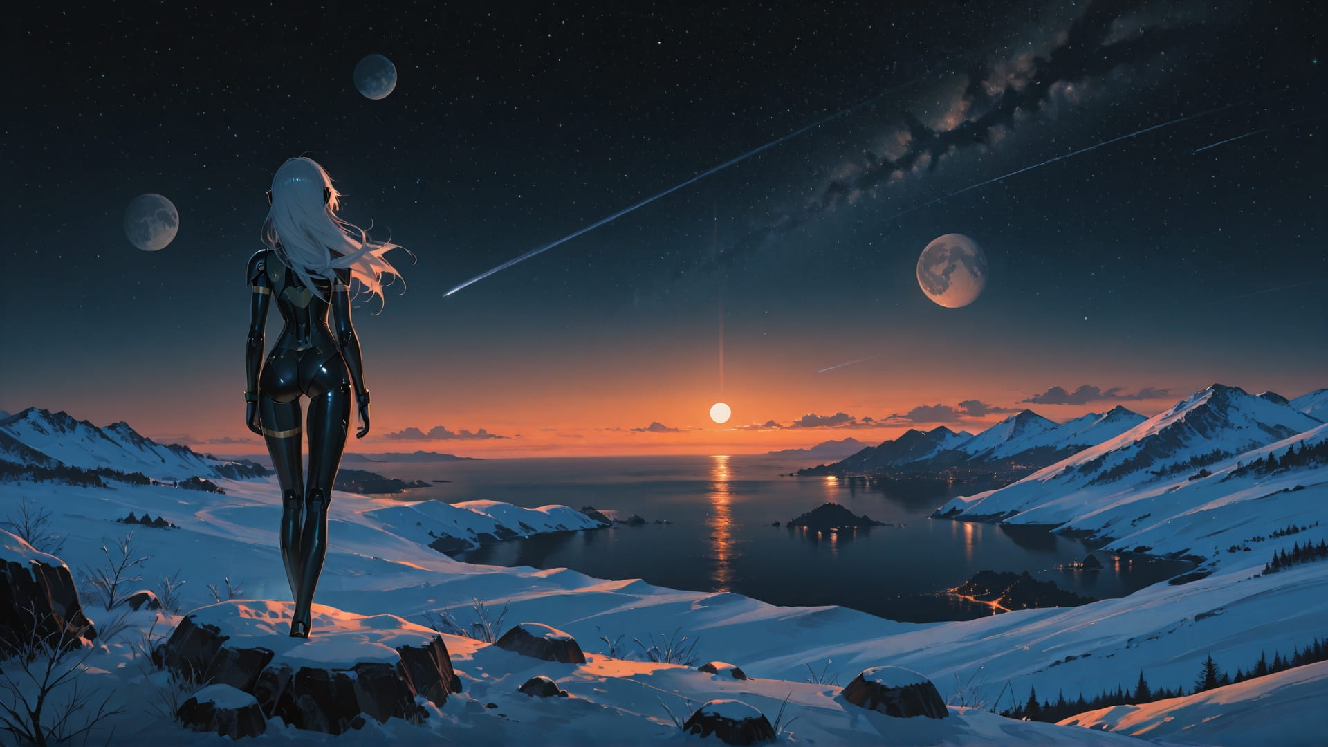 Orange Night Sea Artemis smartphone wallpaper free download, vertical 16:9 format, Orange, Night, Sea, Winter