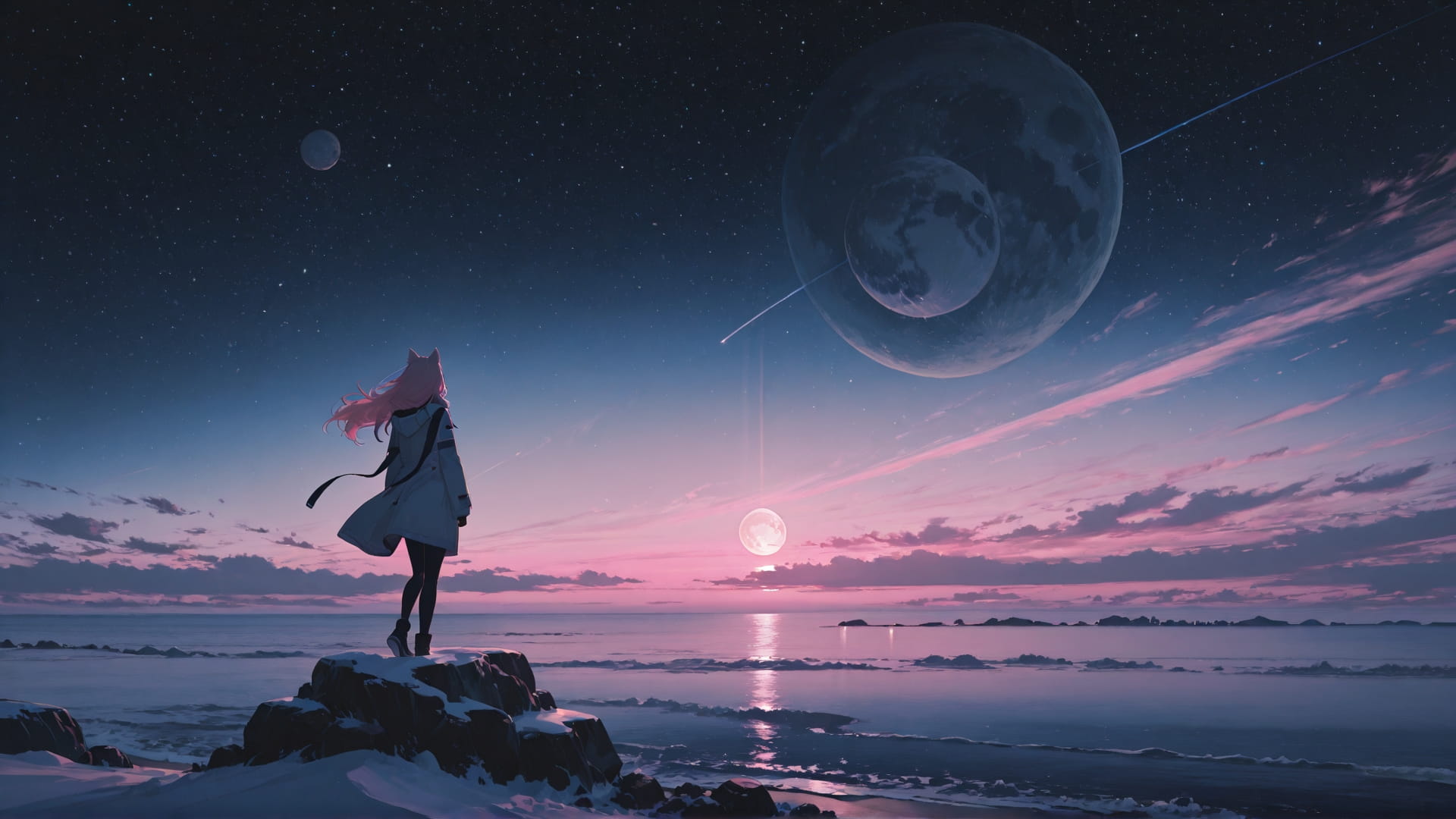 Pink Afternoon Sea Artemis smartphone wallpaper free download, vertical 16:9 format, Pink, Afternoon, Sea, Winter 001