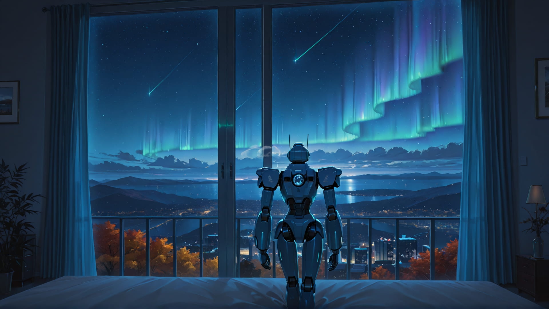 Blue Night City Aurora smartphone wallpaper free download, vertical 16:9 format, Blue, Night, City, Autumn