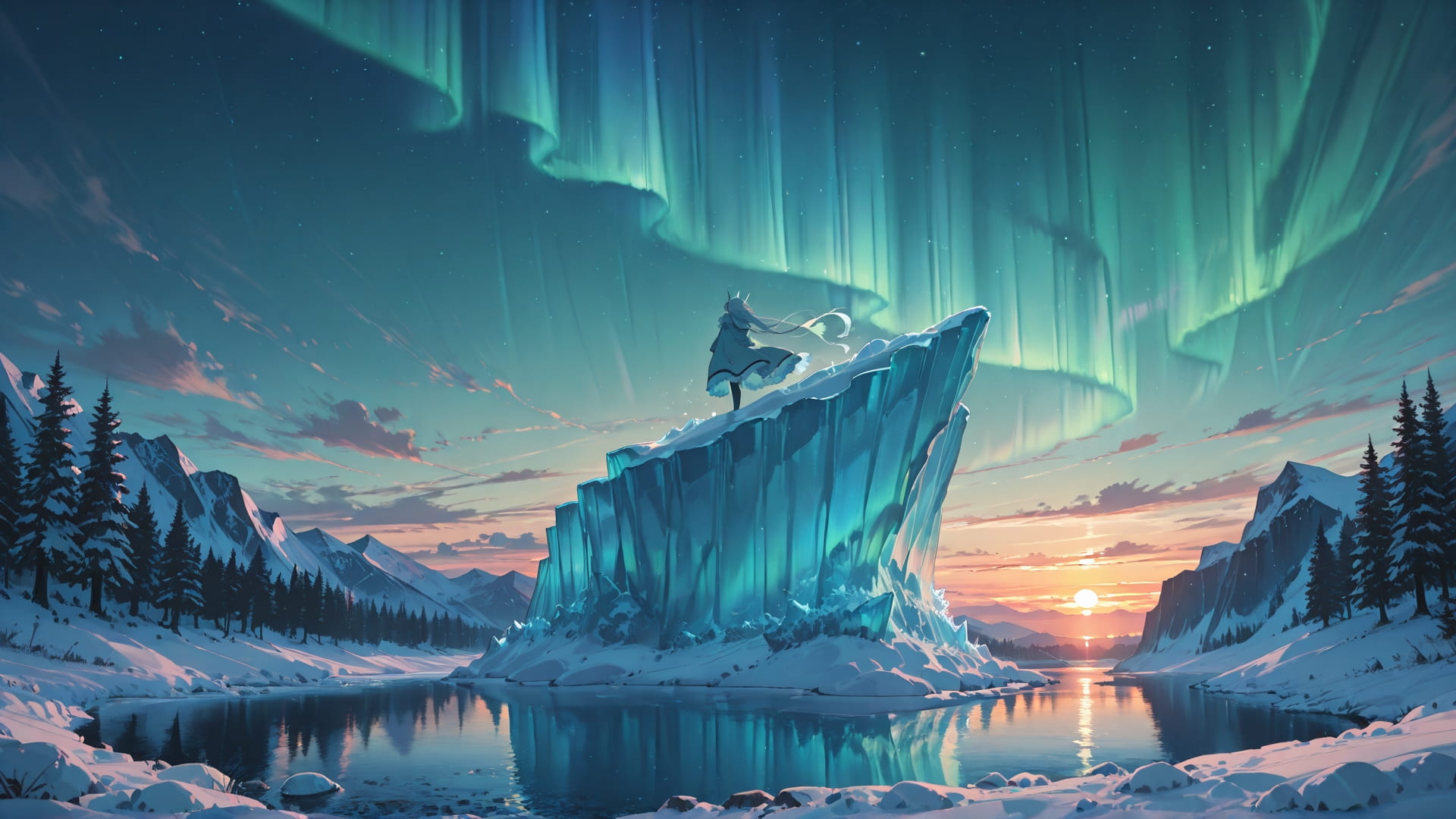 Green Sunset Sea Aurora smartphone wallpaper free download, vertical 16:9 format, Green, Sunset, Sea, Winter 001