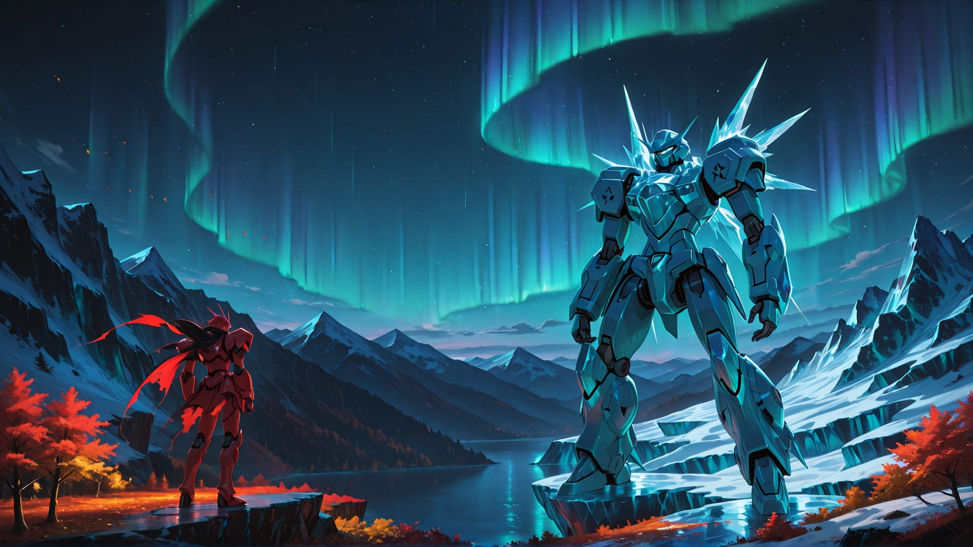 Red Night Mountain Aurora smartphone wallpaper free download, vertical 16:9 format, Red, Night, Mountain, Autumn