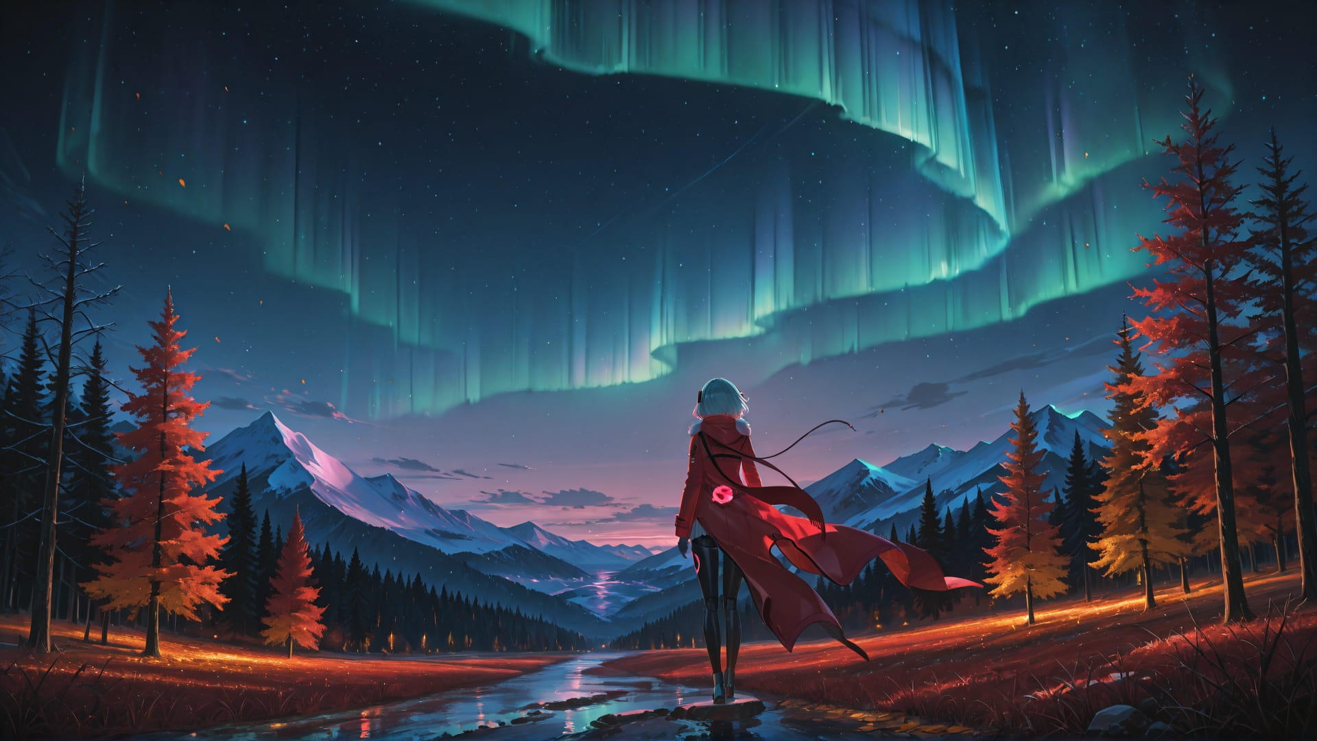 Red Night Nature Aurora smartphone wallpaper free download, vertical 16:9 format, Red, Night, Nature, Autumn