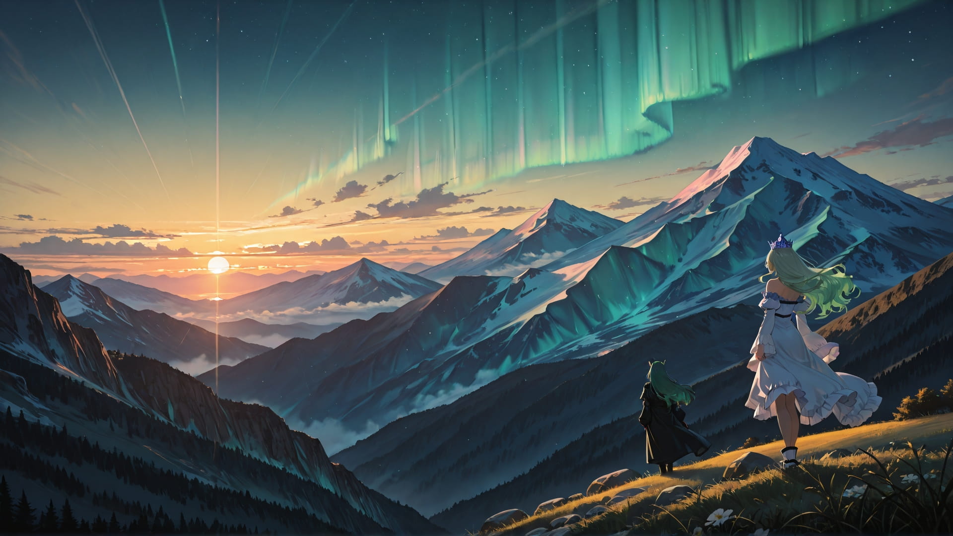 Yellow Sunset Mountain Aurora smartphone wallpaper free download, vertical 16:9 format, Yellow, Sunset, Mountain, Summer 001