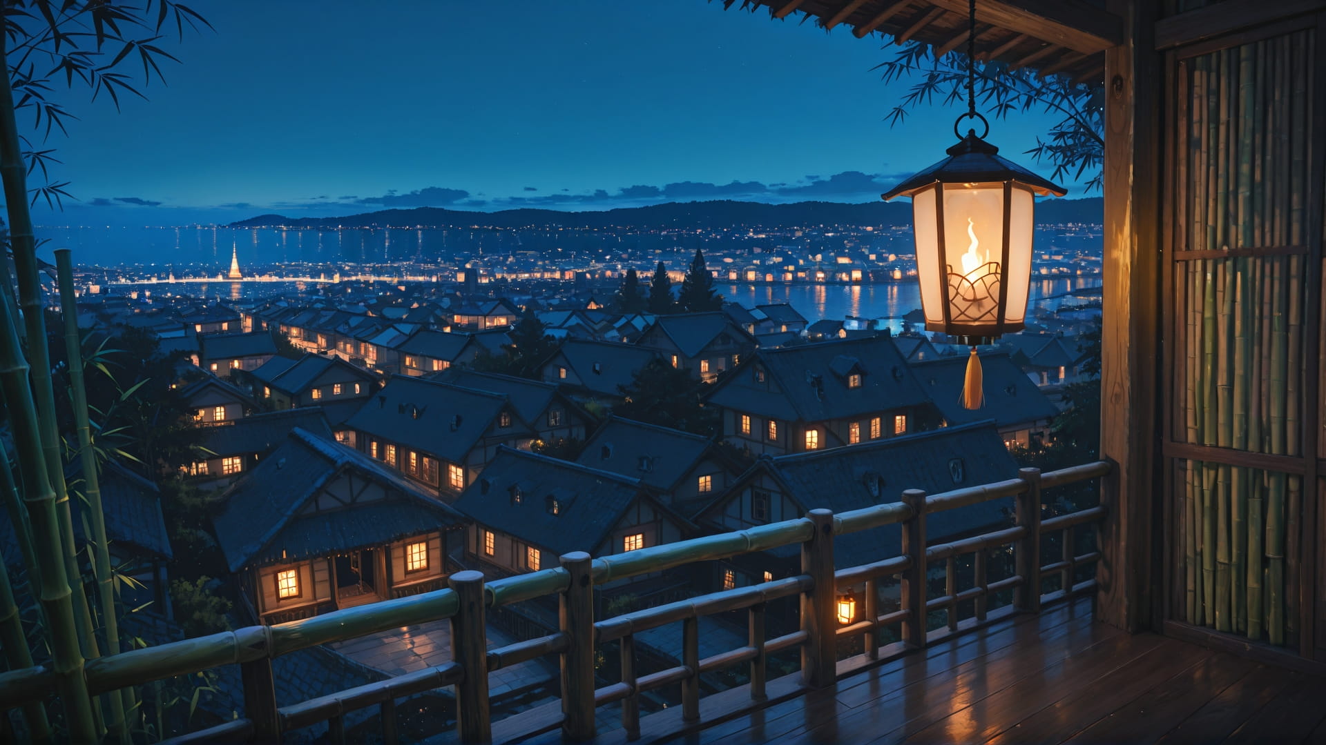 Blue Night City Bamboo smartphone wallpaper free download, vertical 16:9 format, Blue, Night, City, Summer