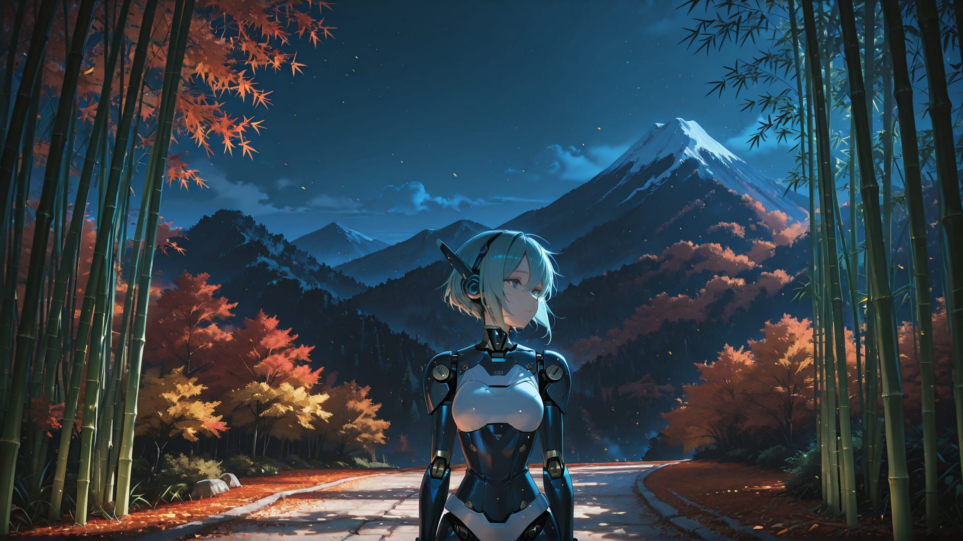 Blue Night Mountain Bamboo smartphone wallpaper free download, vertical 16:9 format, Blue, Night, Mountain, Autumn