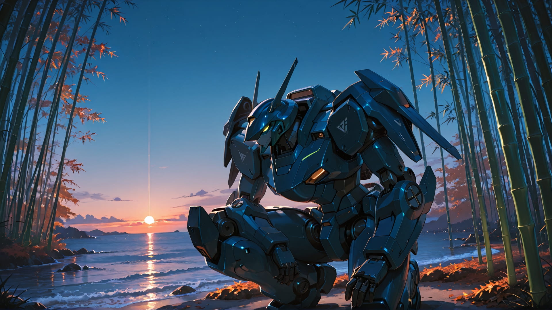 Blue Sunset Sea Bamboo smartphone wallpaper free download, vertical 16:9 format, Blue, Sunset, Sea, Autumn