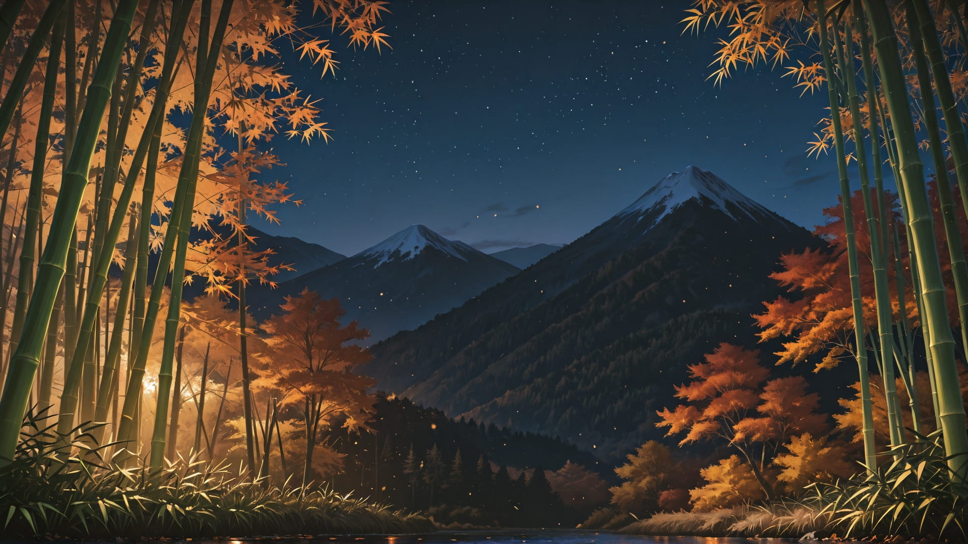 Brown Night Mountain Bamboo smartphone wallpaper free download, vertical 16:9 format, Brown, Night, Mountain, Autumn 001