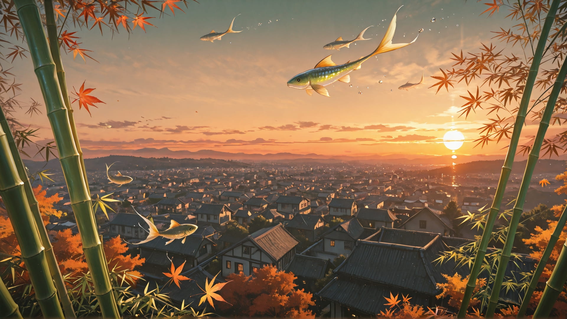 Brown Sunset City Bamboo smartphone wallpaper free download, vertical 16:9 format, Brown, Sunset, City, Autumn