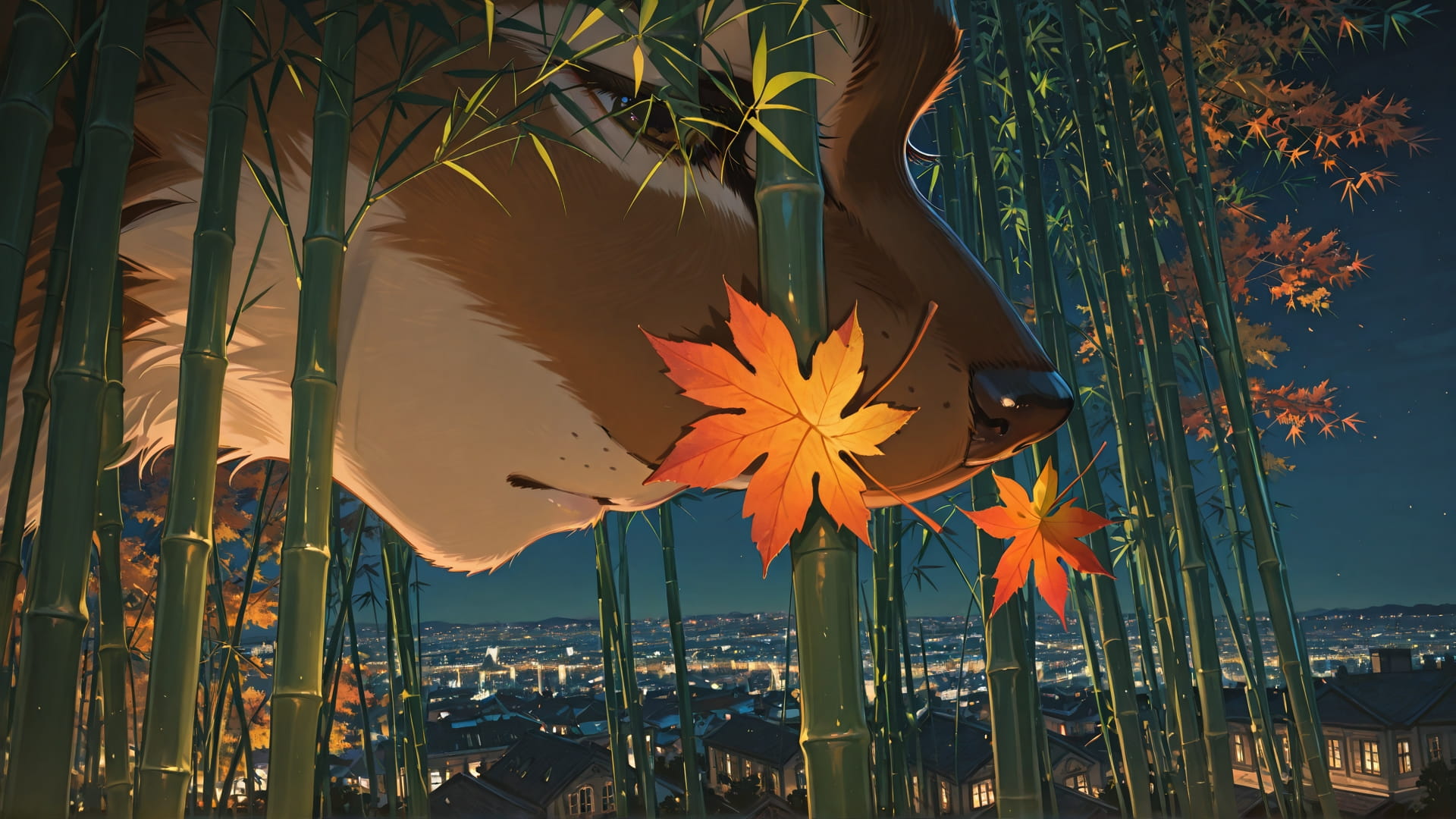 Green Night City Bamboo smartphone wallpaper free download, vertical 16:9 format, Green, Night, City, Autumn