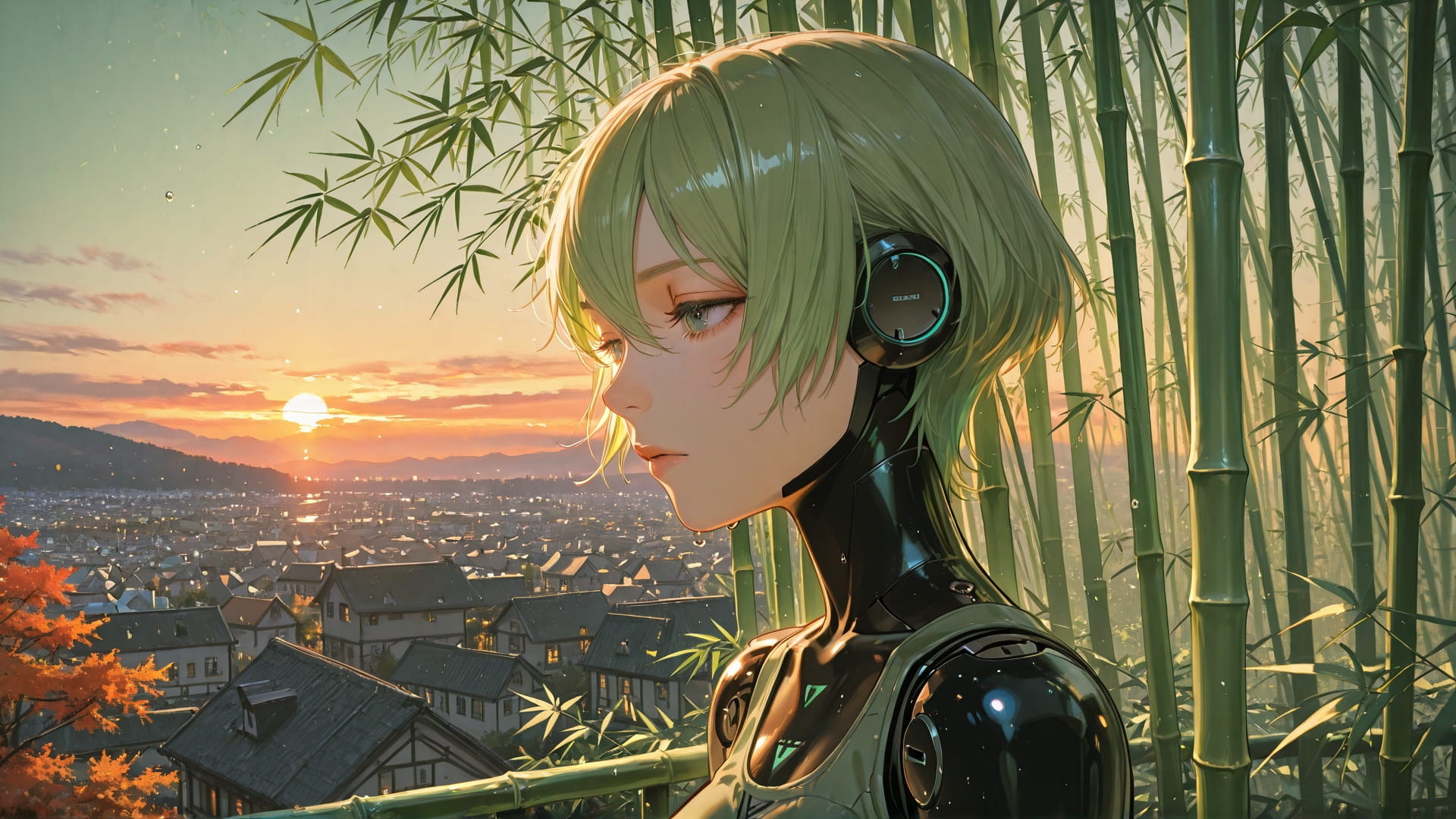 Green Sunset City Bamboo smartphone wallpaper free download, vertical 16:9 format, Green, Sunset, City, Autumn