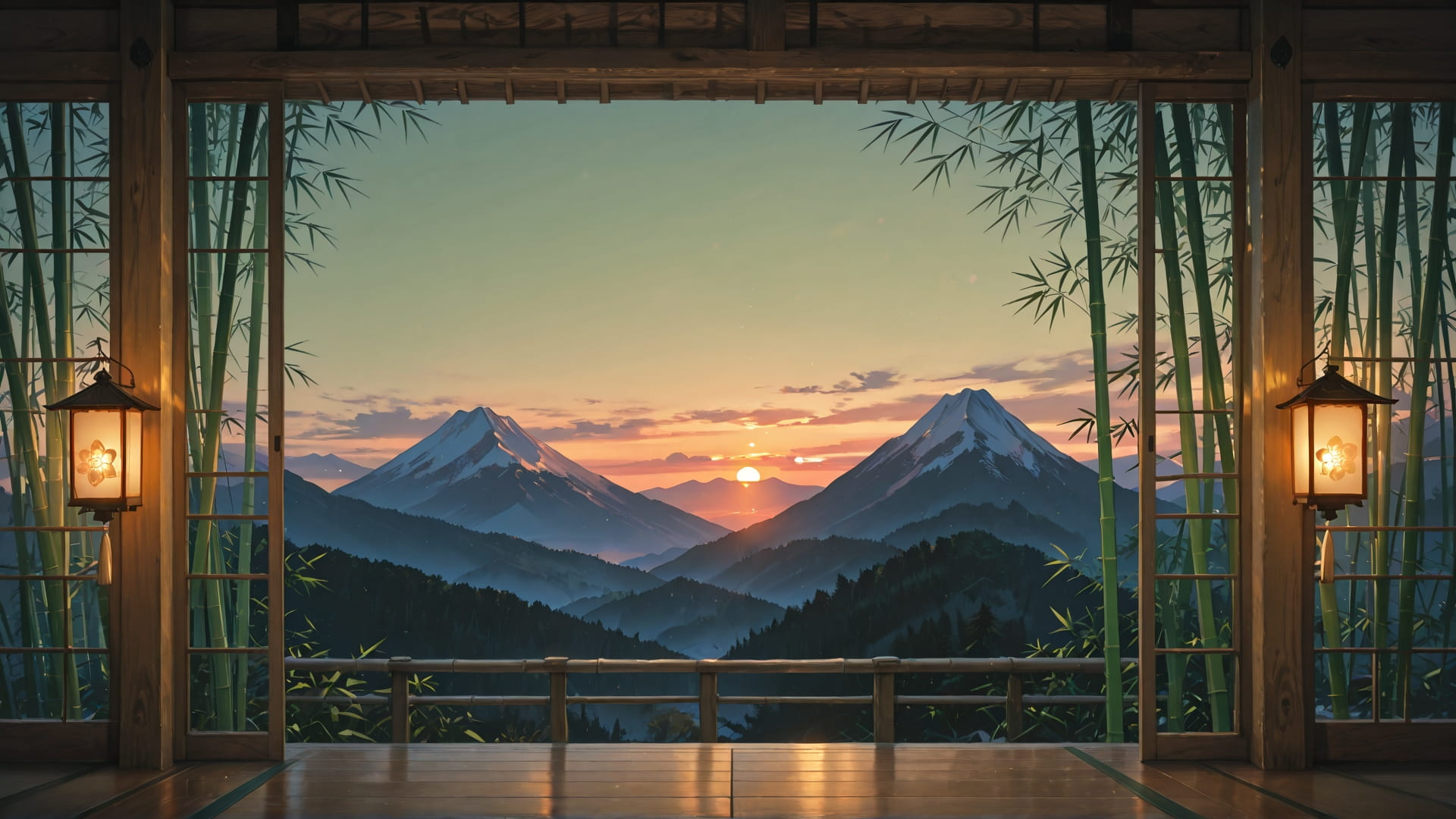 Green Sunset Mountain Bamboo smartphone wallpaper free download, vertical 9:16 format, Green, Sunset, Mountain, Winter 001