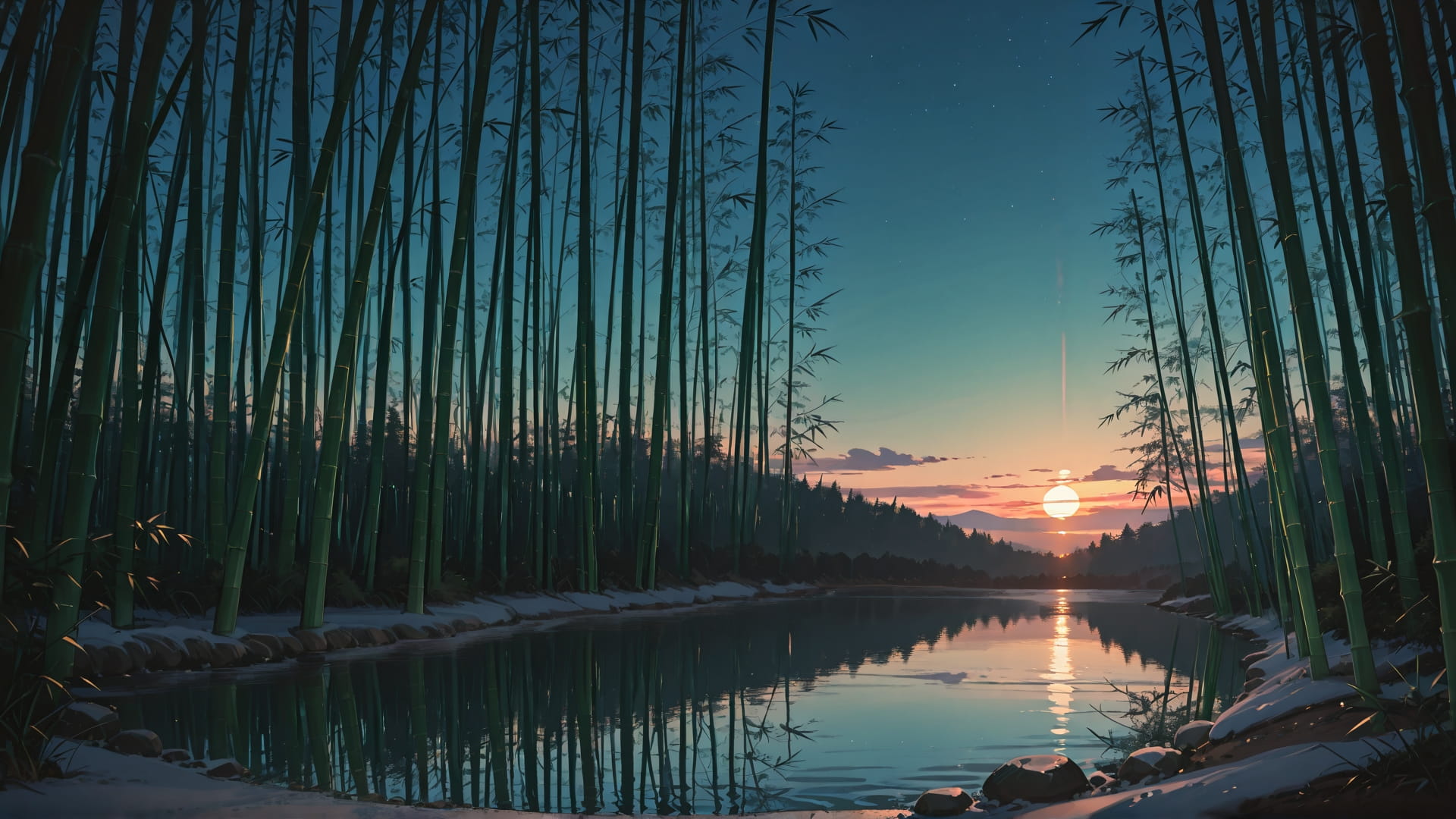 Green Sunset Sea Bamboo smartphone wallpaper free download, vertical 16:9 format, Green, Sunset, Sea, Winter 001