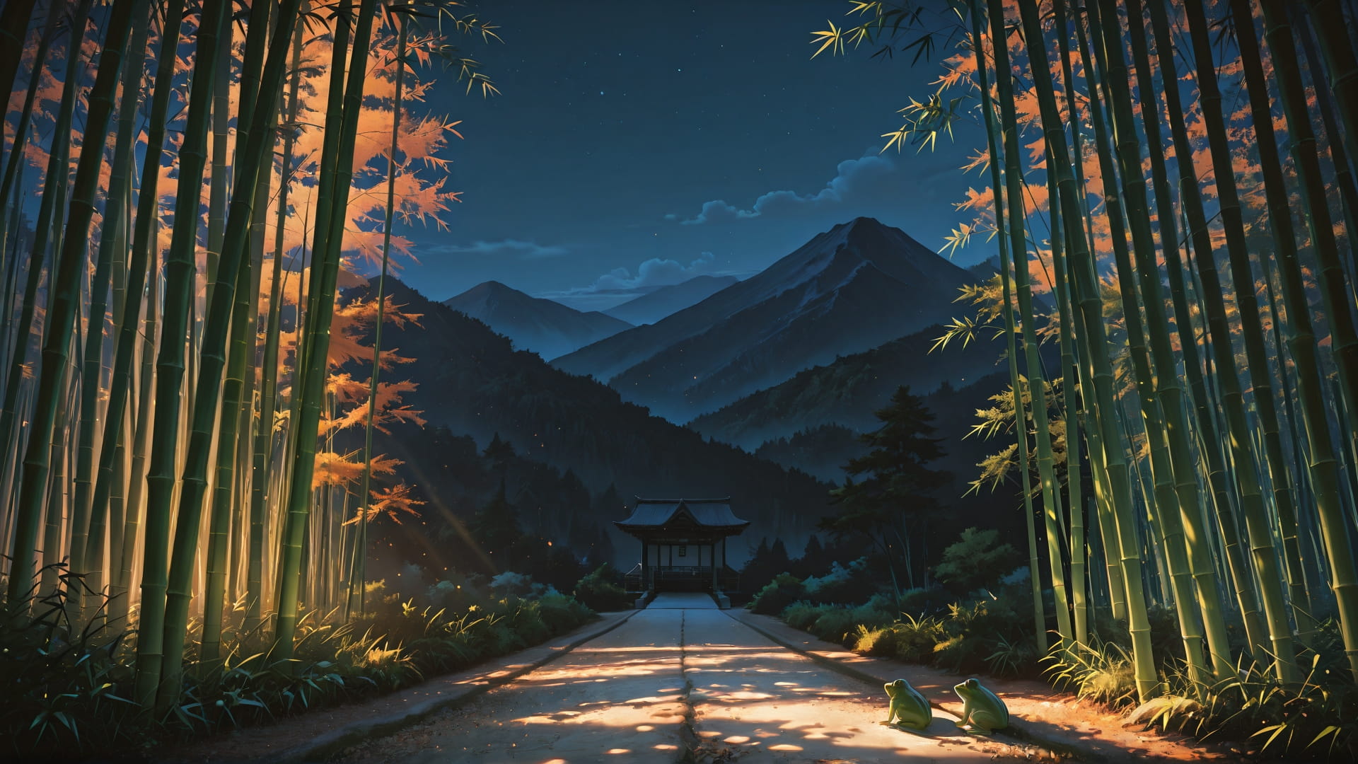 Orange Night Mountain Bamboo smartphone wallpaper free download, vertical 16:9 format, Orange, Night, Mountain, Spring