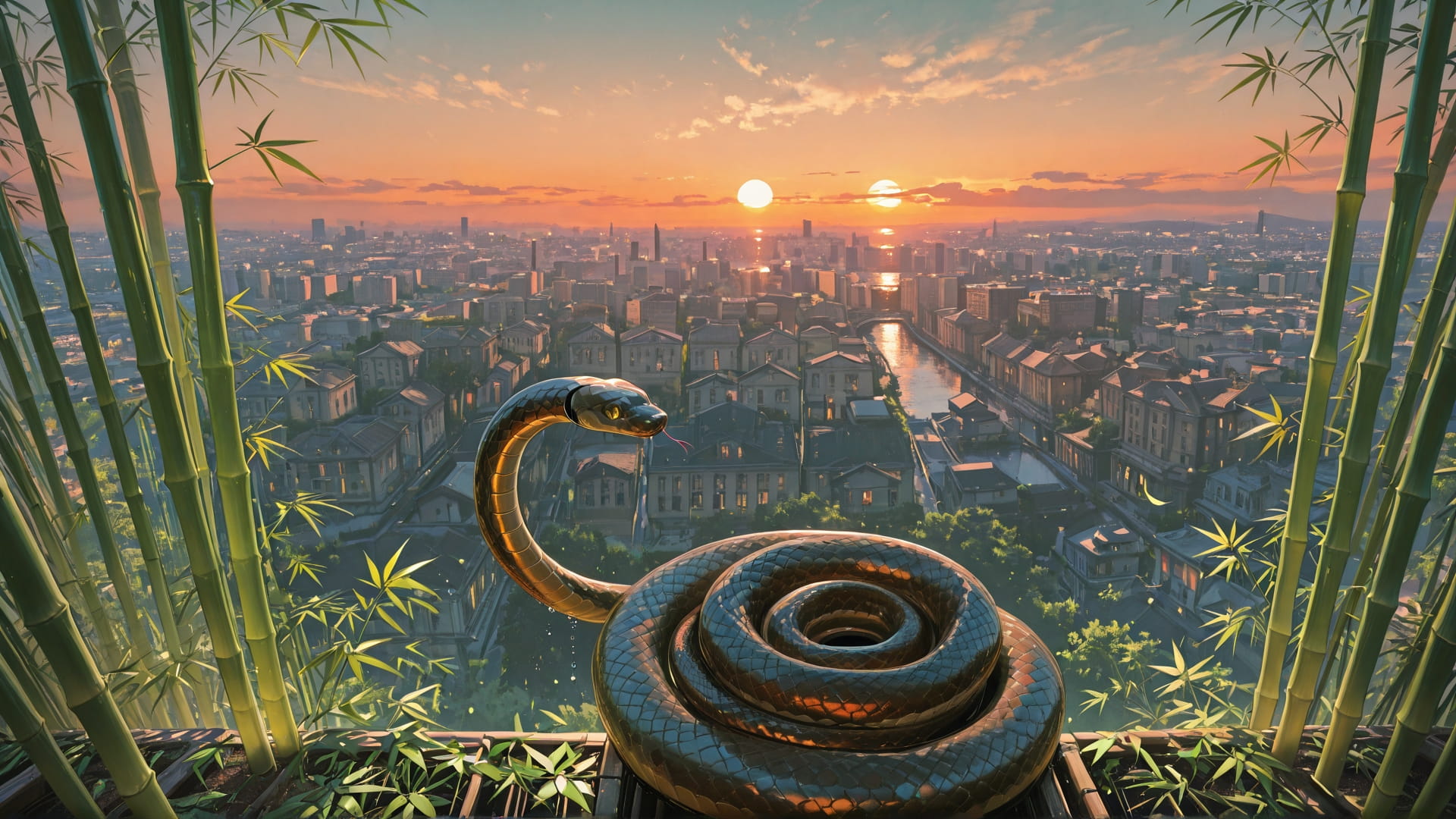 Orange Sunset City Bamboo smartphone wallpaper free download, vertical 16:9 format, Orange, Sunset, City, Spring