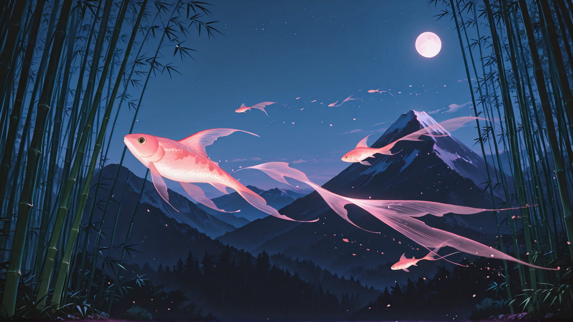 Pink Night Mountain Bamboo smartphone wallpaper free download, vertical 16:9 format, Pink, Night, Mountain, Spring