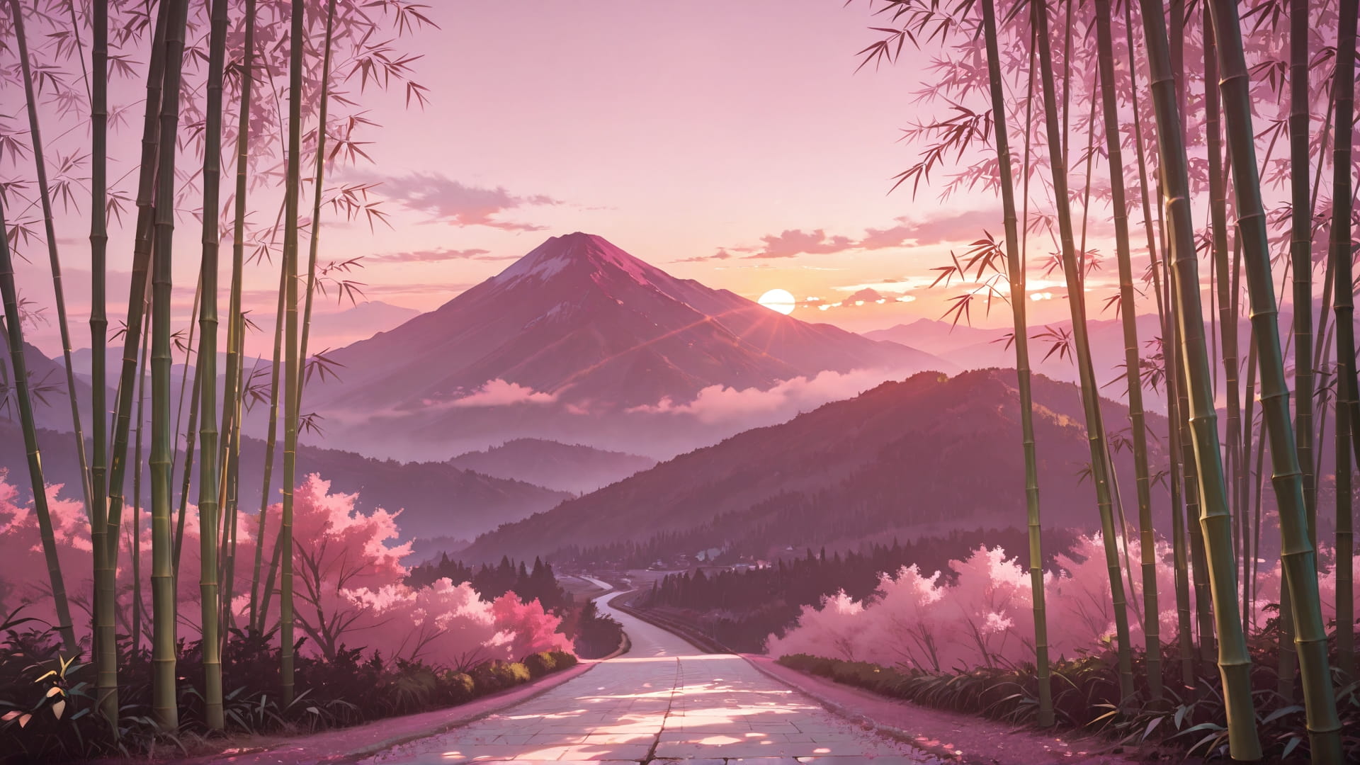 Pink Sunset Mountain Bamboo smartphone wallpaper free download, vertical 9:16 format, Pink, Sunset, Mountain, Spring 001