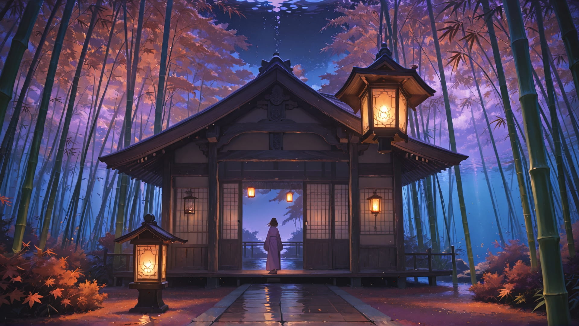 Purple Night Sea Bamboo smartphone wallpaper free download, vertical 16:9 format, Purple, Night, Sea, Autumn