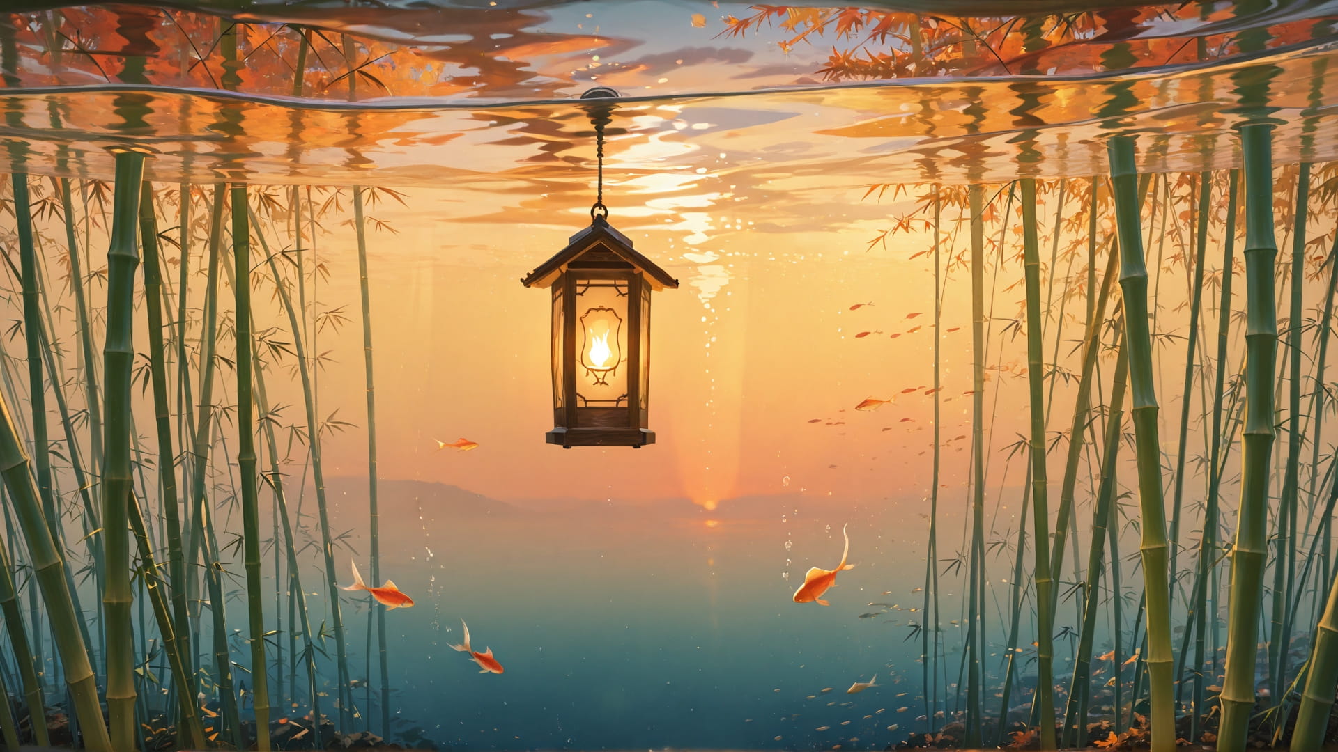 Yellow Sunset Sea Bamboo smartphone wallpaper free download, vertical 16:9 format, Yellow, Sunset, Sea, Autumn