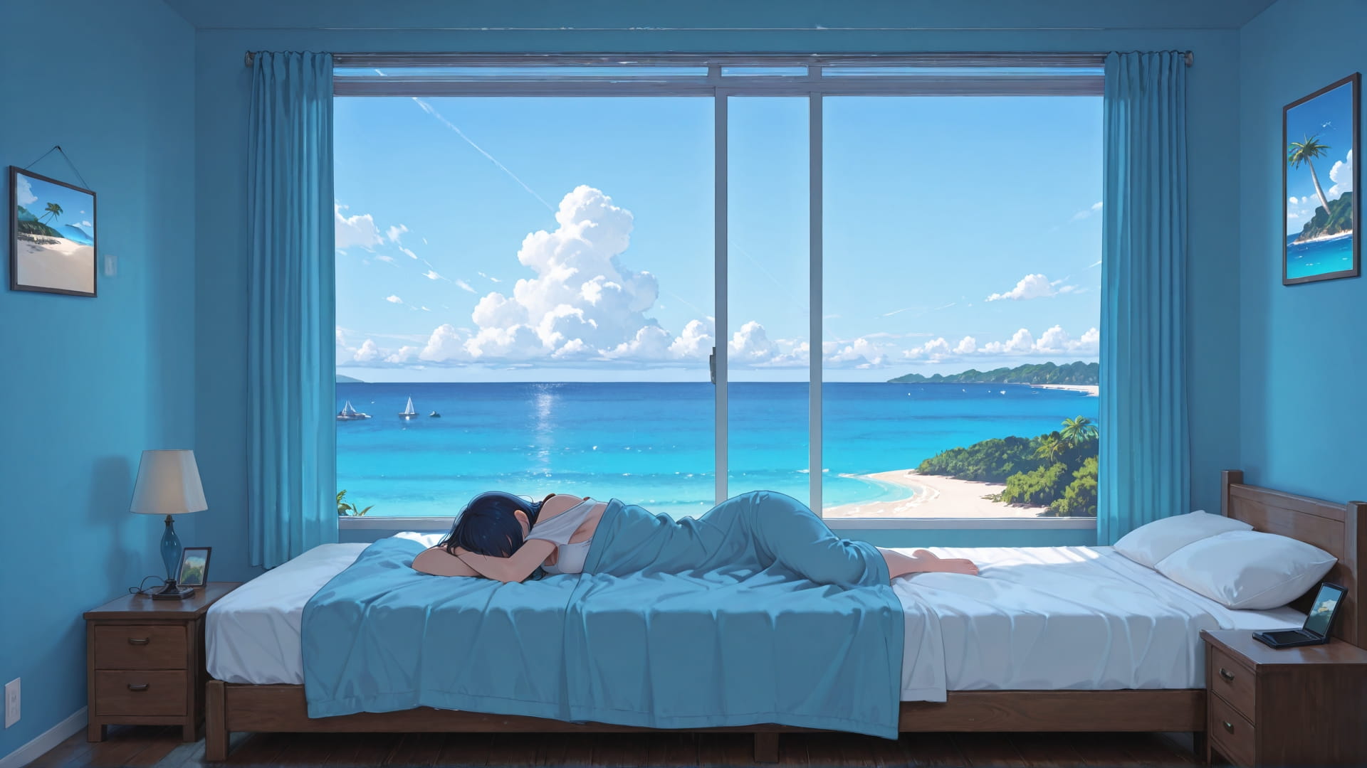 Blue Afternoon Sea Bedroom smartphone wallpaper free download, vertical 16:9 format, Blue, Afternoon, Sea, Summer 001