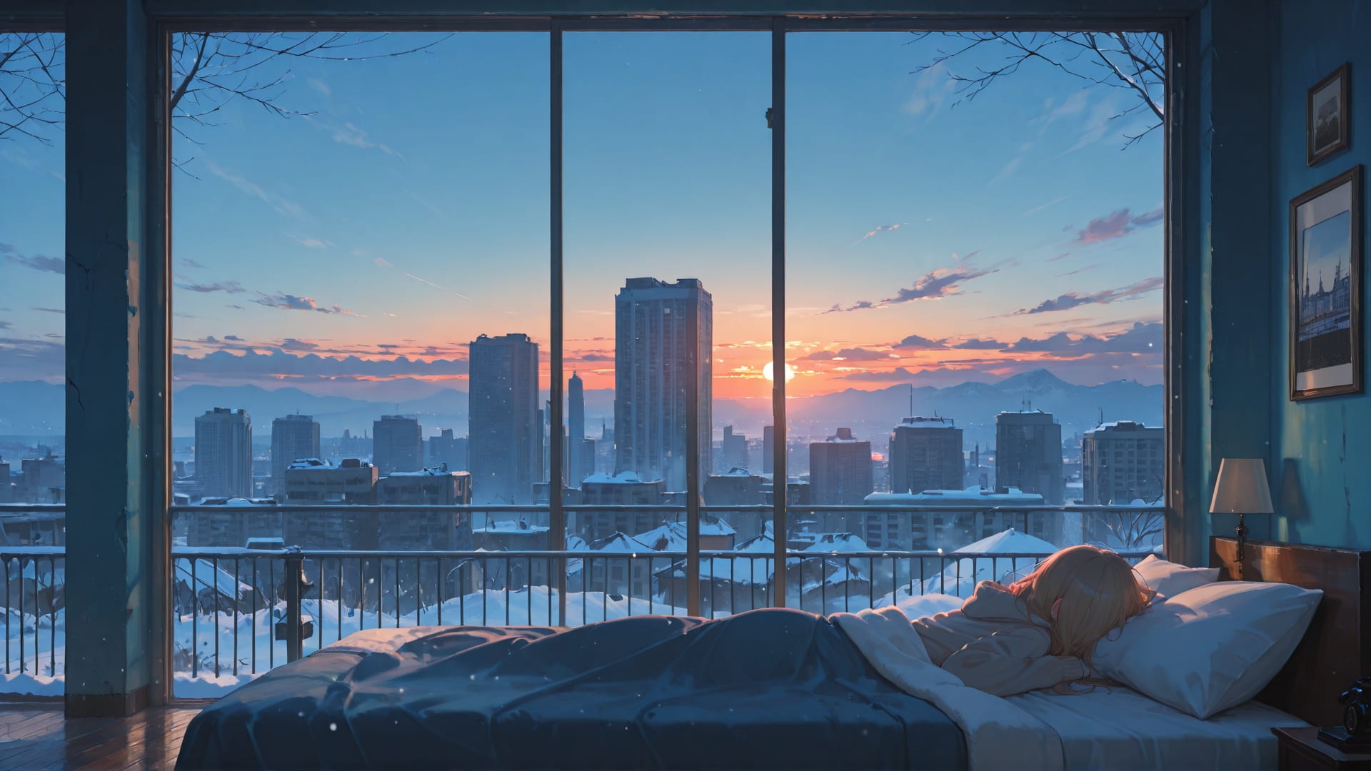 Blue Sunset City Bedroom smartphone wallpaper free download, vertical 16:9 format, Blue, Sunset, City, Winter 001