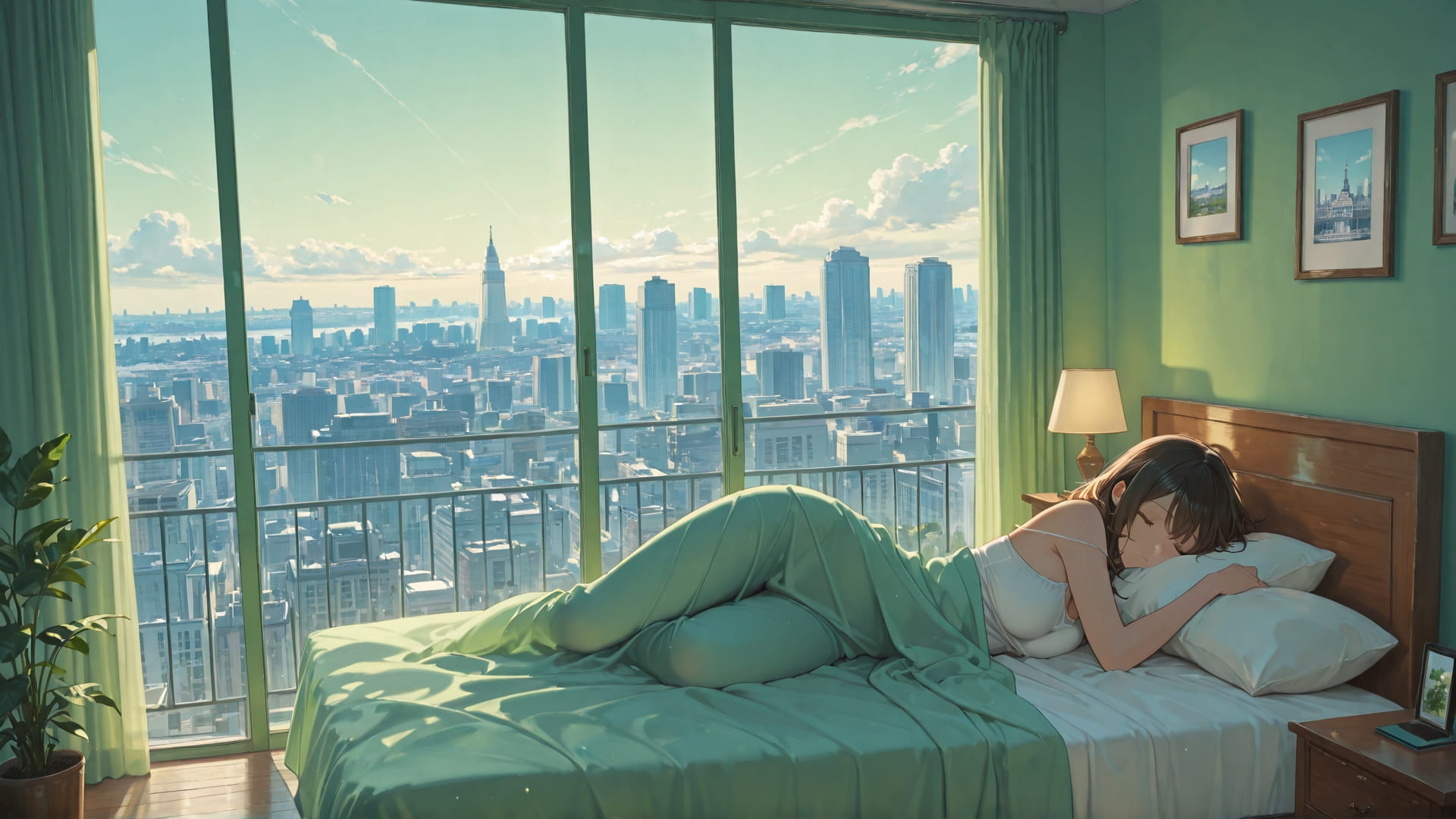 Green Afternoon City Bedroom smartphone wallpaper free download, vertical 16:9 format, Green, Afternoon, City, Summer 001