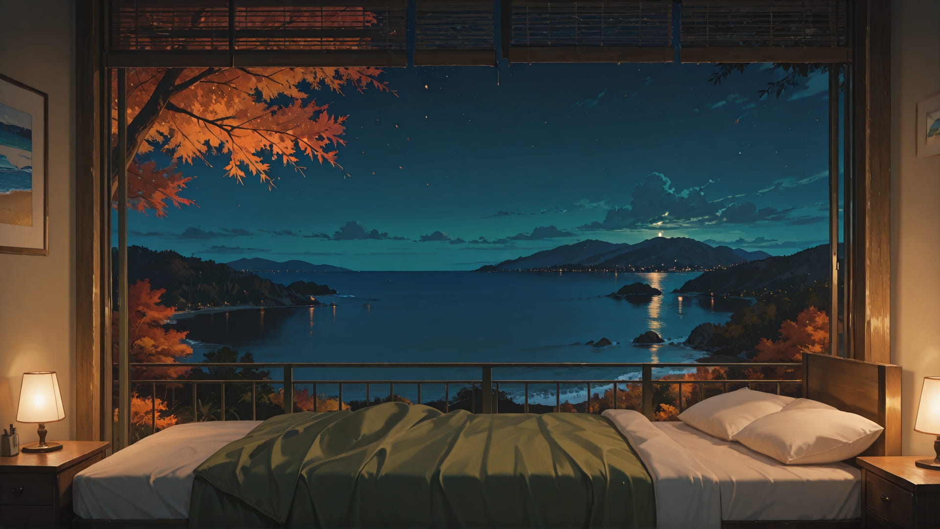 Green Night Sea Bedroom smartphone wallpaper free download, vertical 16:9 format, Green, Night, Sea, Autumn 001