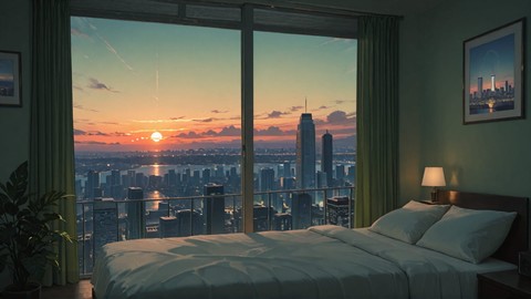 Green Sunset City Bedroom smartphone wallpaper free download, vertical 9:16 format, Green, Sunset, City, Summer 001