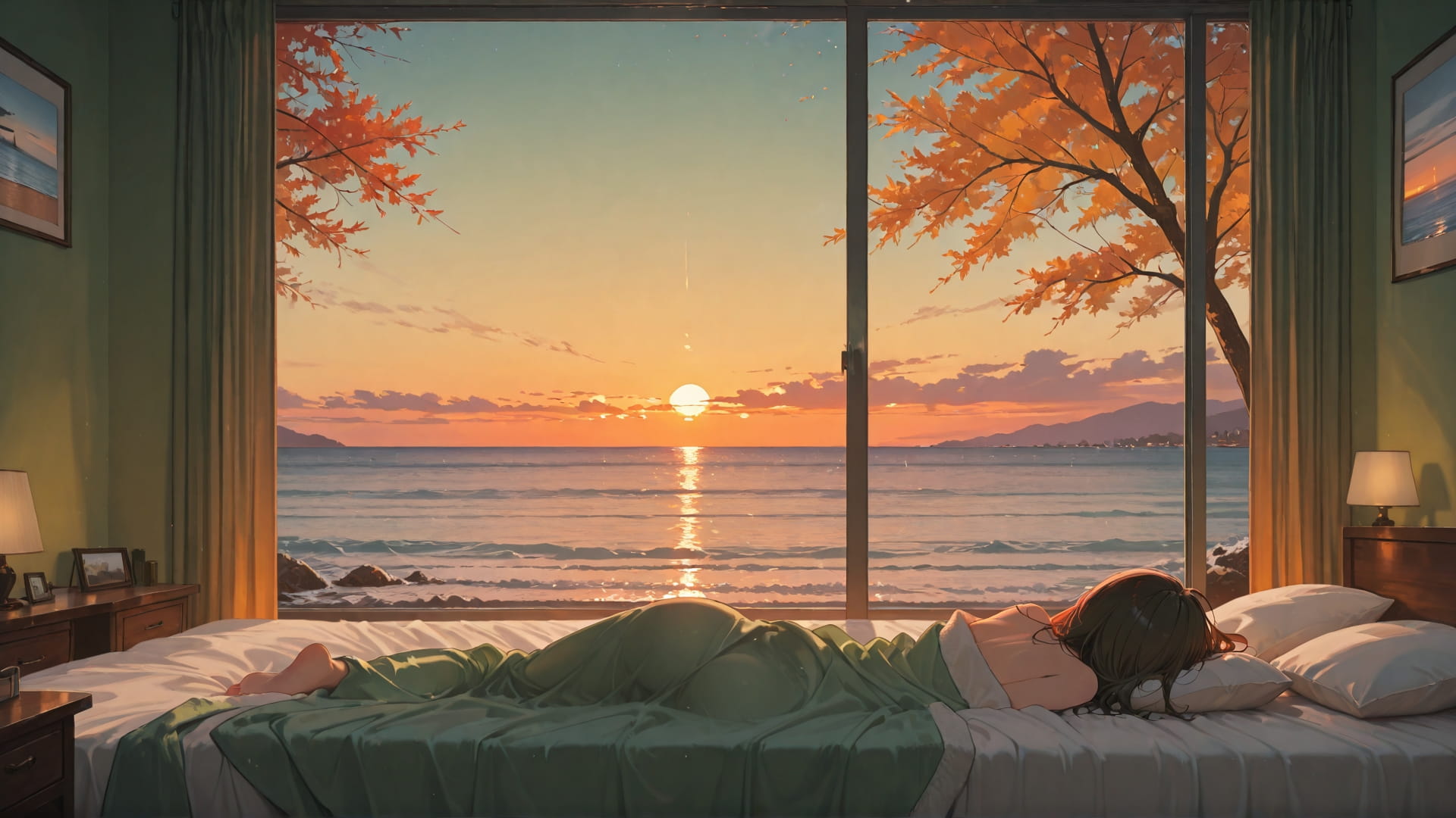 Green Sunset Sea Bedroom smartphone wallpaper free download, vertical 16:9 format, Green, Sunset, Sea, Autumn 001