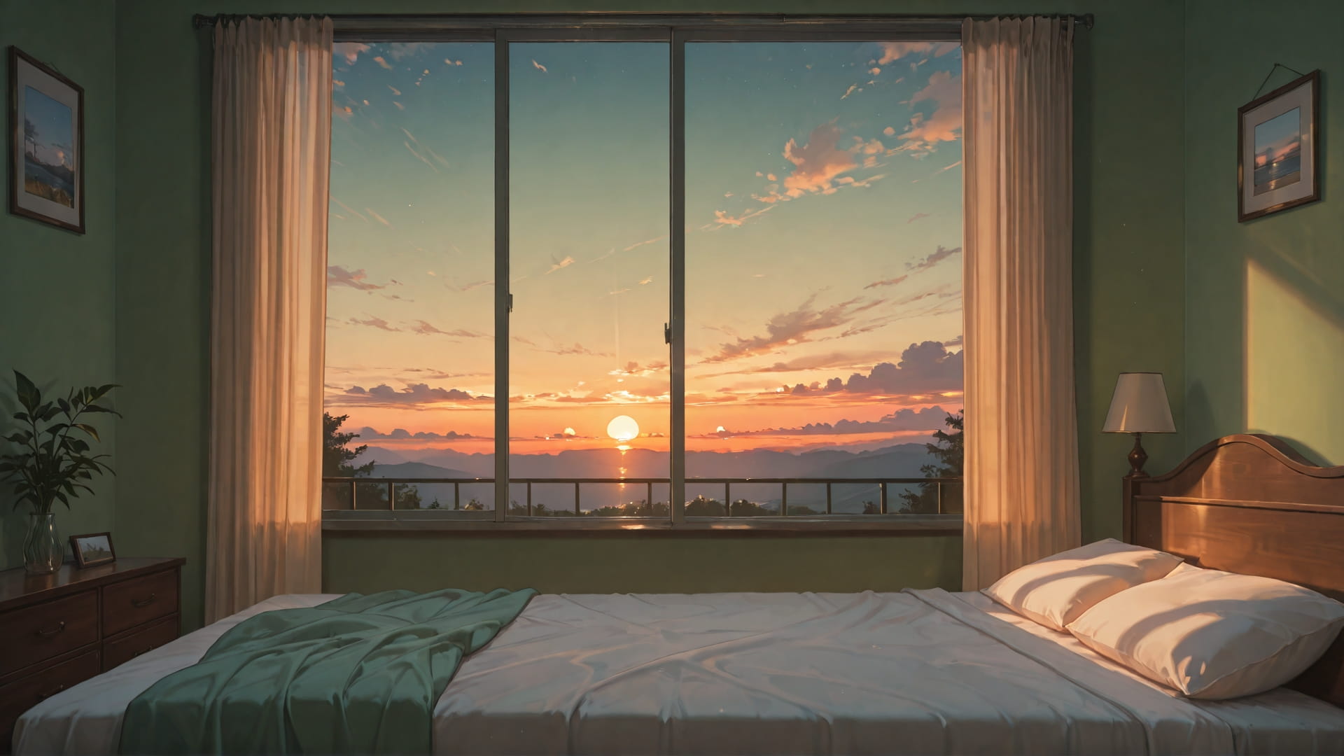 Green Sunset Sky Bedroom smartphone wallpaper free download, vertical 16:9 format, Green, Sunset, Sky, Spring 001