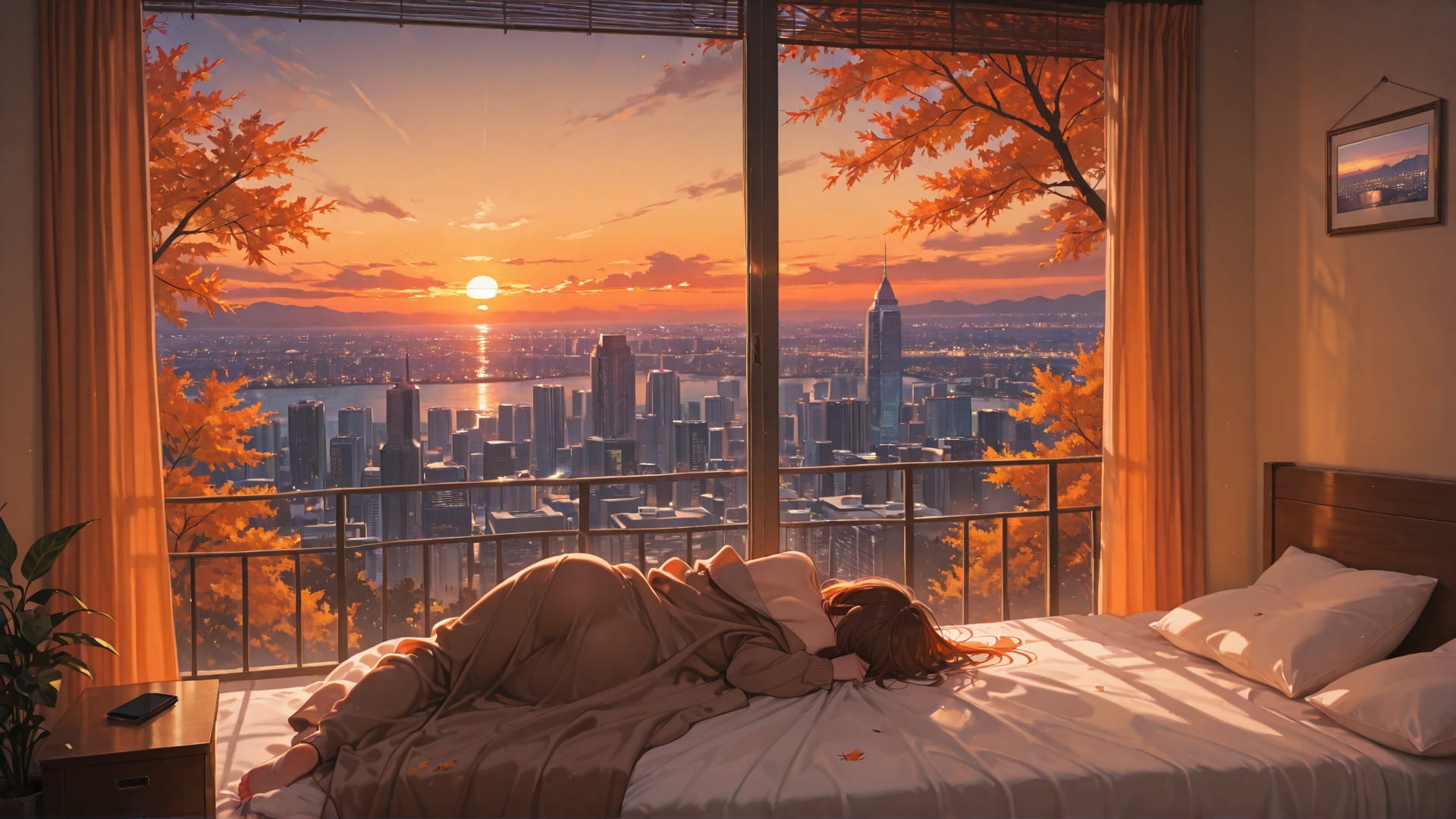 Orange Sunset City Bedroom smartphone wallpaper free download, vertical 16:9 format, Orange, Sunset, City, Autumn 001