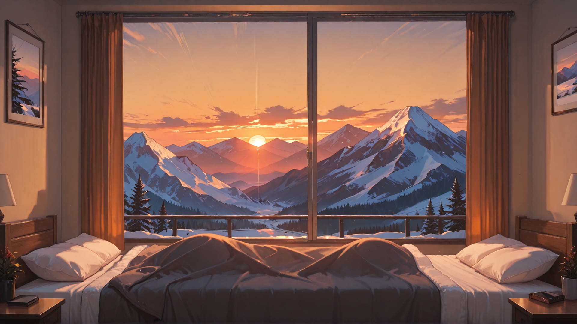Orange Sunset Mountain Bedroom smartphone wallpaper free download, vertical 16:9 format, Orange, Sunset, Mountain, Winter 001