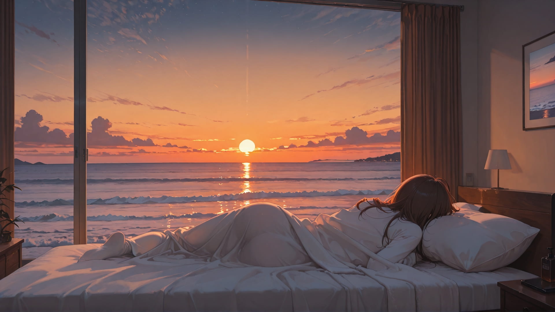 Orange Sunset Sea Bedroom smartphone wallpaper free download, vertical 16:9 format, Orange, Sunset, Sea, Winter 001