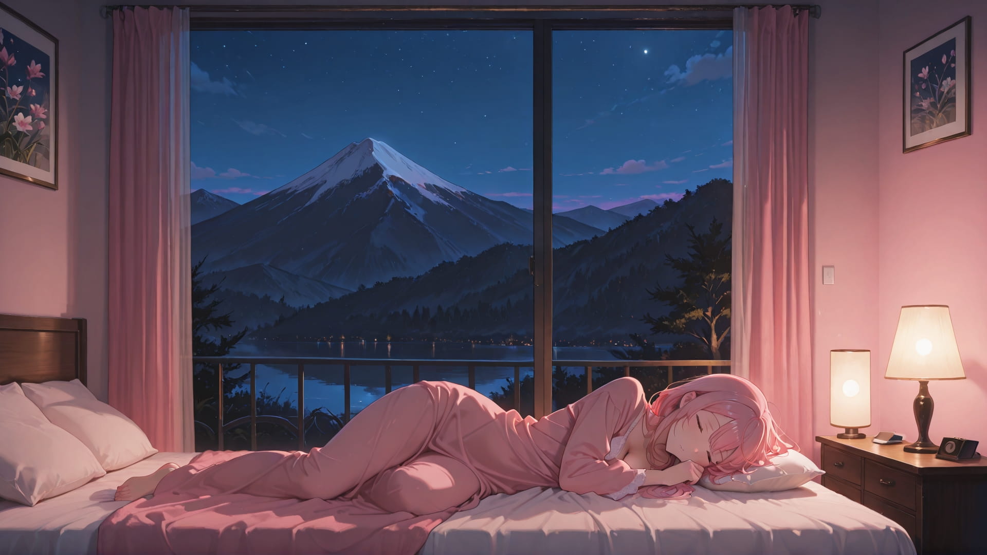 Pink Night Mountain Bedroom smartphone wallpaper free download, vertical 16:9 format, Pink, Night, Mountain, Spring 001