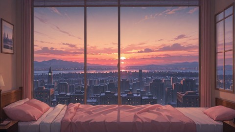 Pink Sunset City Bedroom smartphone wallpaper free download, vertical 9:16 format, Pink, Sunset, City, Winter 001