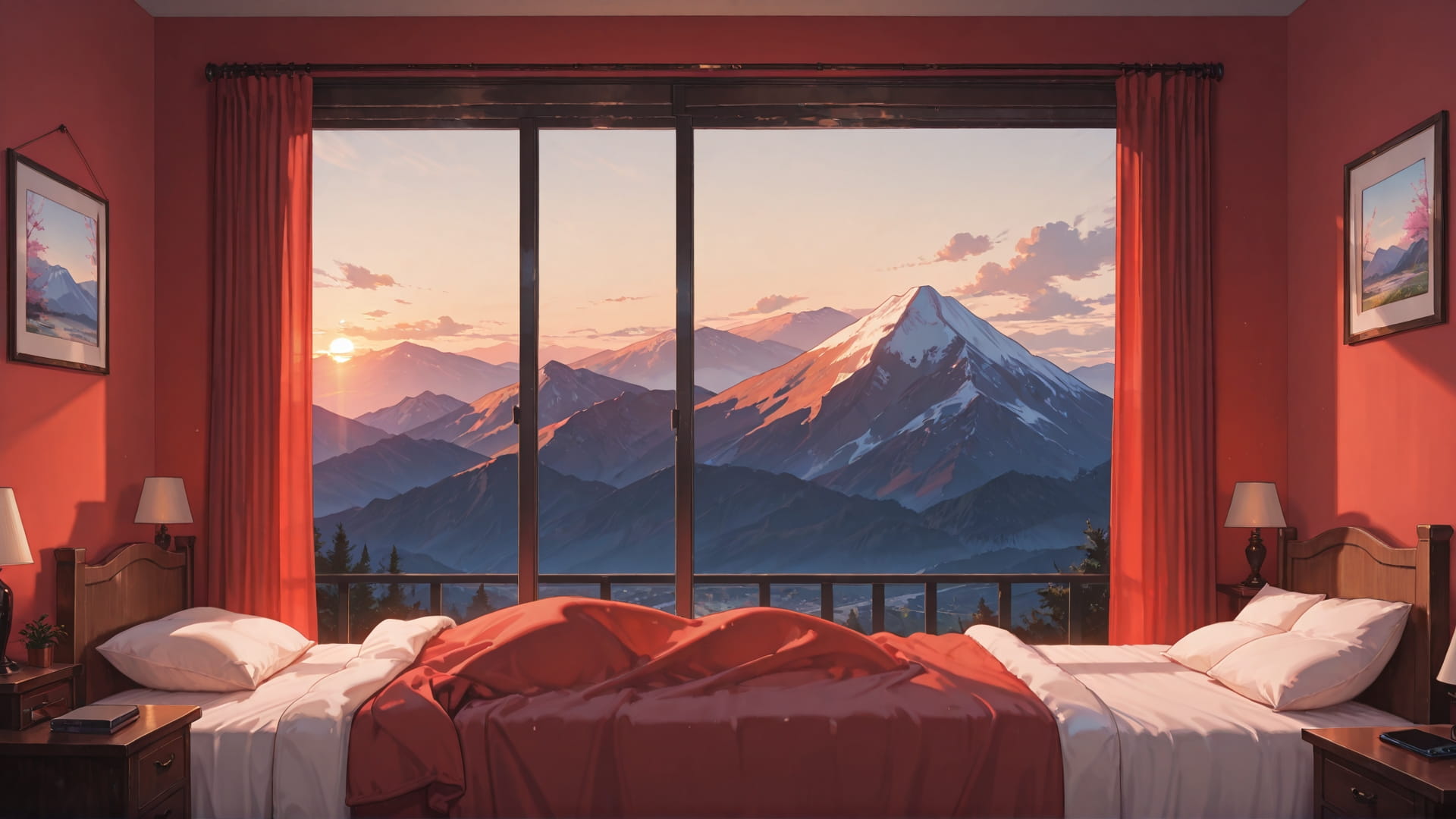 Red Afternoon Mountain Bedroom smartphone wallpaper free download, vertical 9:16 format, Red, Afternoon, Mountain, Spring 001