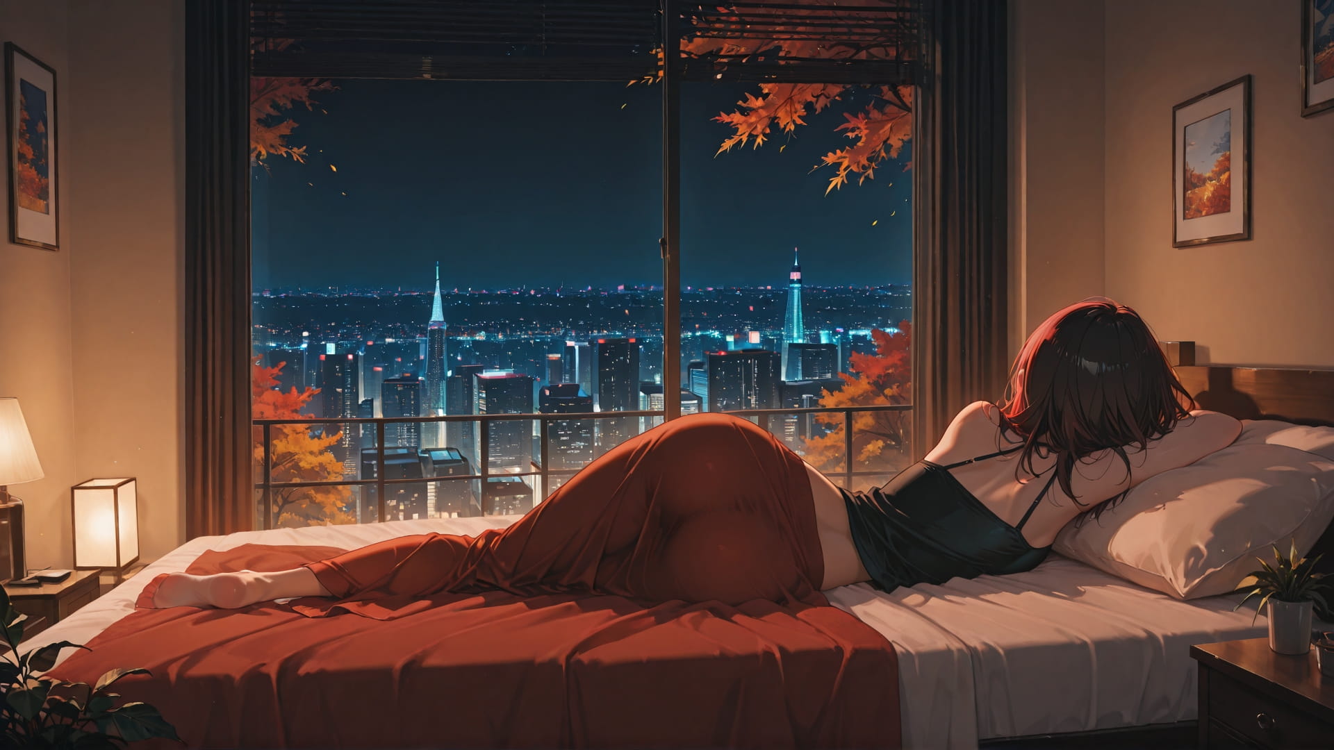 Red Night City Bedroom smartphone wallpaper free download, vertical 16:9 format, Red, Night, City, Autumn 001