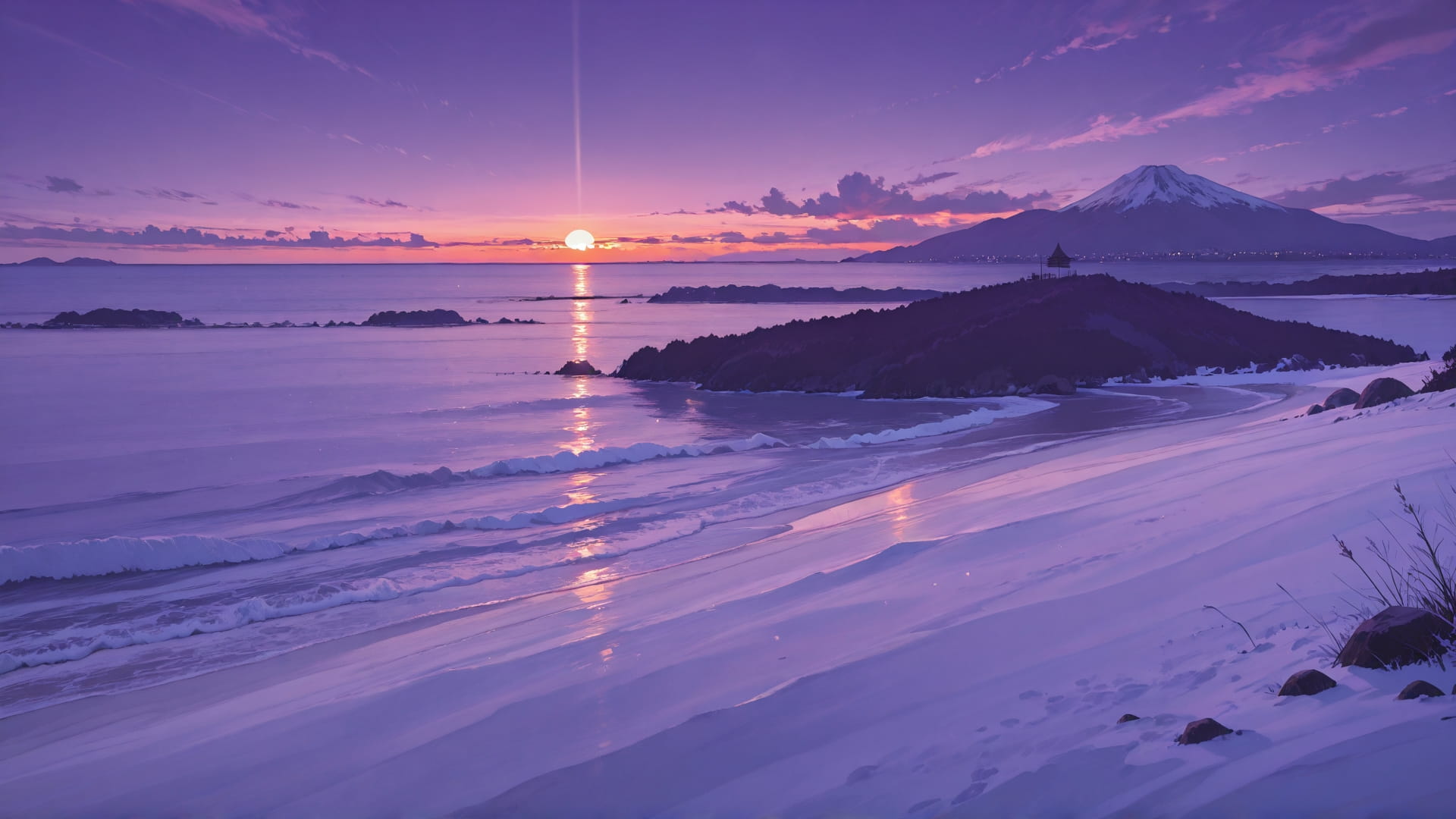 Purple Sunset Sea BlockParty smartphone wallpaper free download, vertical 16:9 format, Purple, Sunset, Sea, Winter 001