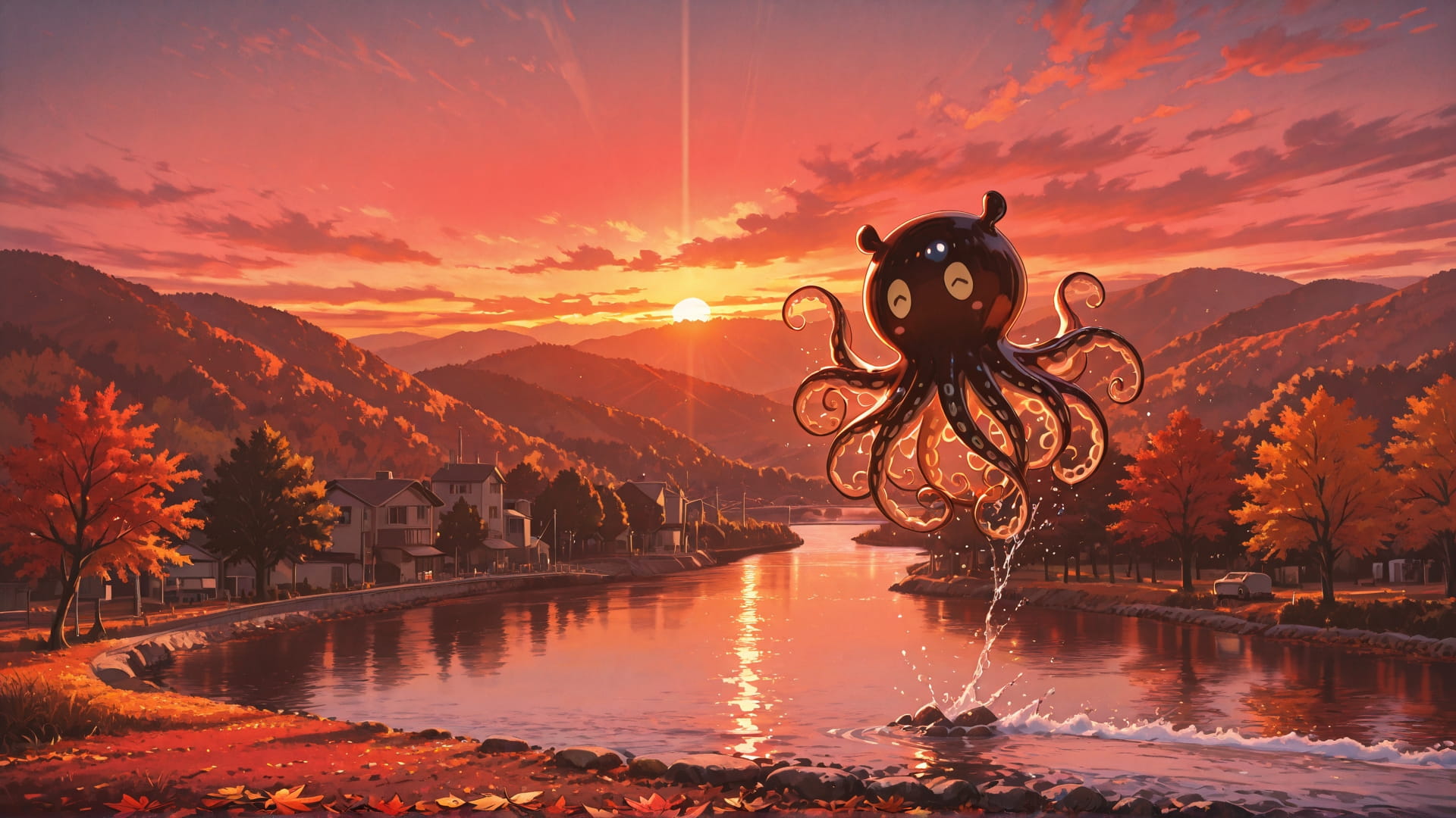 Red Sunset Sea BlockParty smartphone wallpaper free download, vertical 16:9 format, Red, Sunset, Sea, Autumn