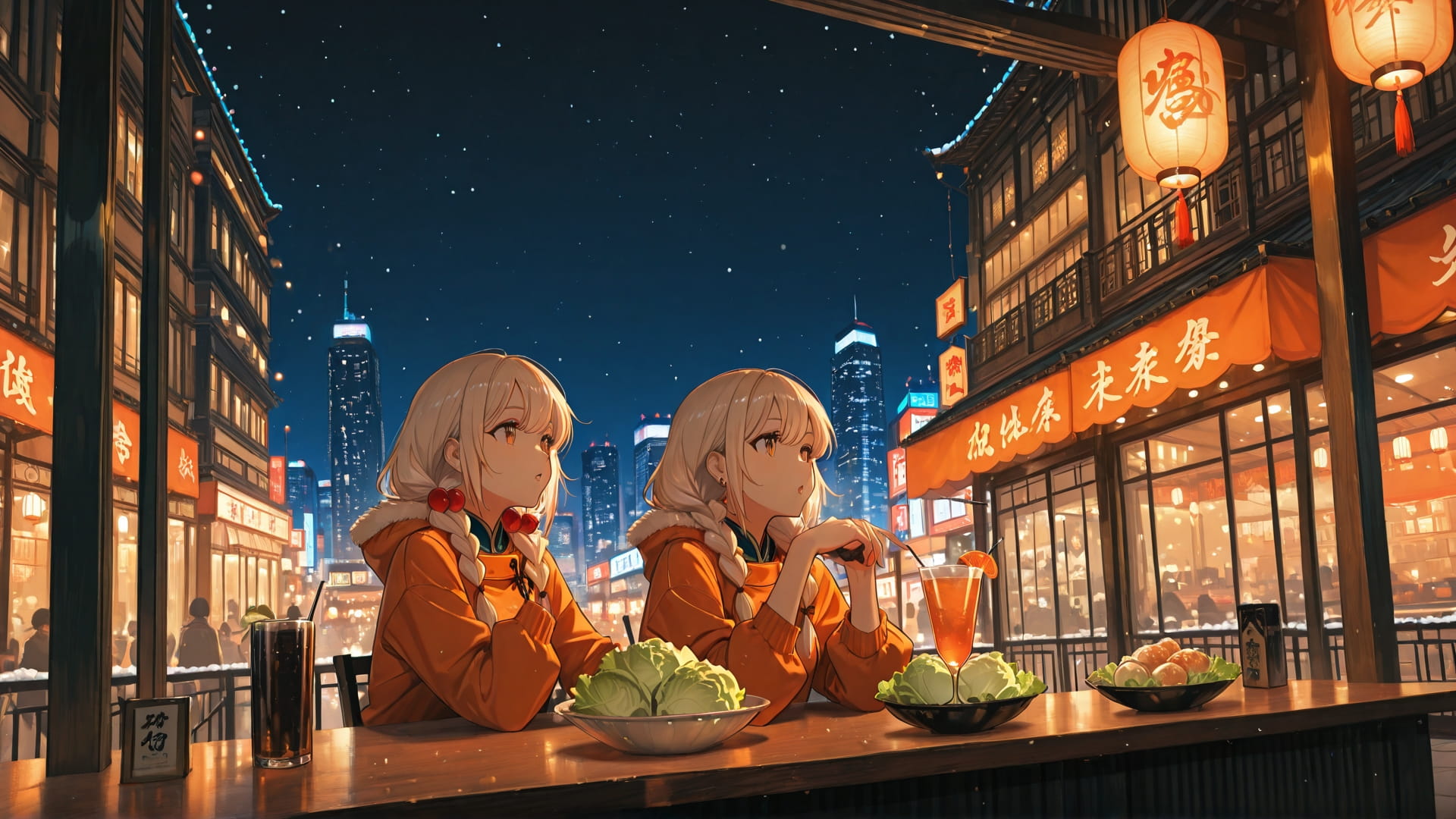 Orange Night City CabbageCrush smartphone wallpaper free download, vertical 16:9 format, Orange, Night, City, Winter 001