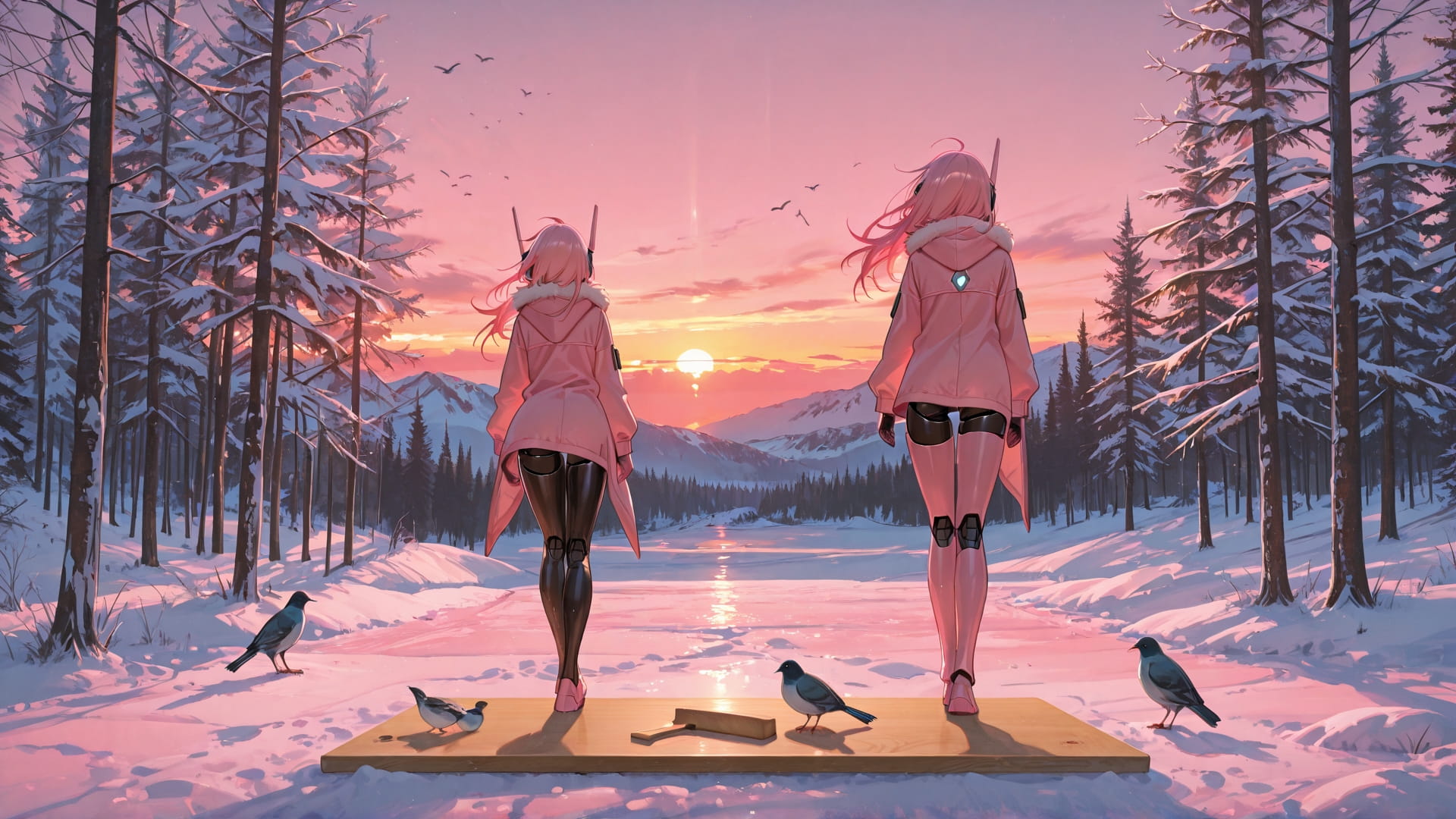 Pink Sunset Nature CabbageCrush smartphone wallpaper free download, vertical 16:9 format, Pink, Sunset, Nature, Winter