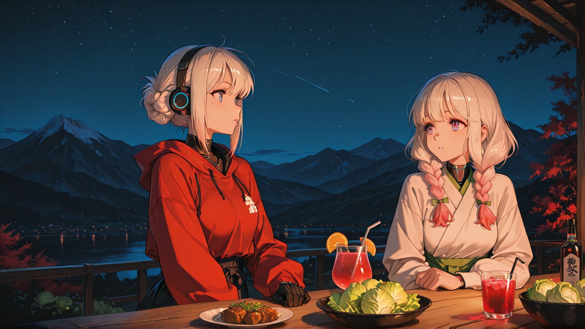 Red Night Mountain CabbageCrush smartphone wallpaper free download, vertical 16:9 format, Red, Night, Mountain, Spring