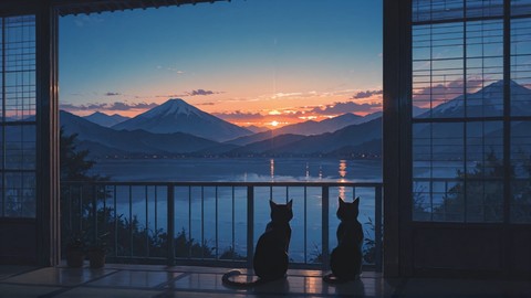 Blue Sunset Mountain Cat smartphone wallpaper free download, vertical 9:16 format, Blue, Sunset, Mountain, Summer 001