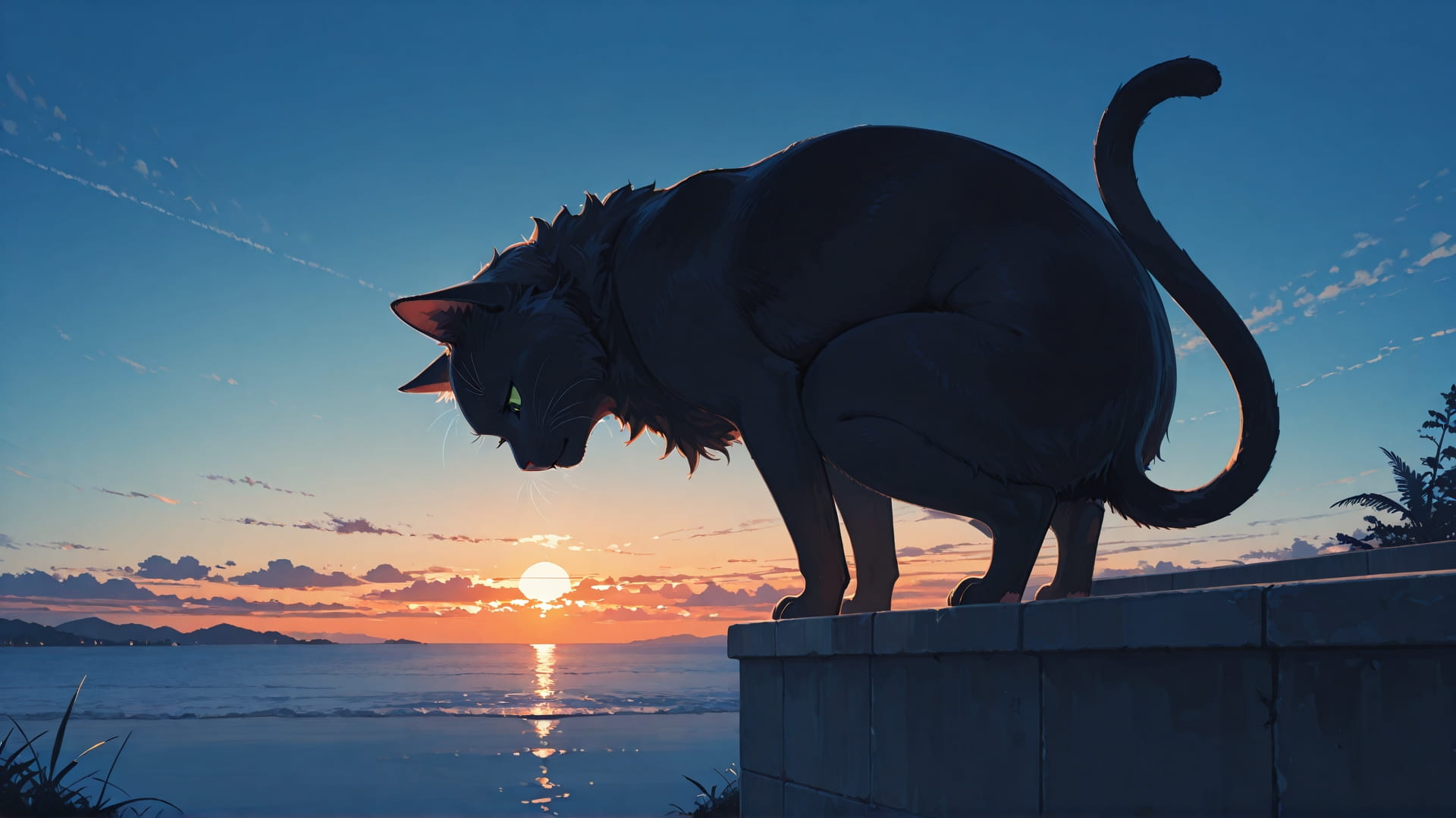 Blue Sunset Sky Cat smartphone wallpaper free download, vertical 16:9 format, Blue, Sunset, Sky, Summer 001
