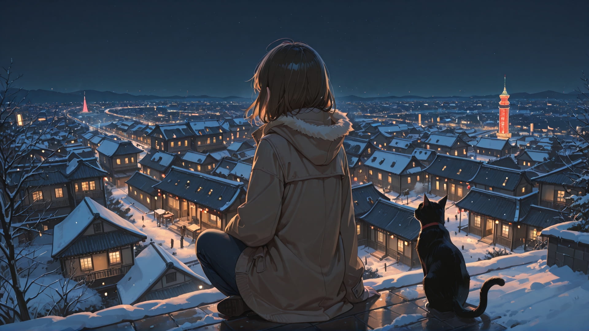 Brown Night City Cat smartphone wallpaper free download, vertical 16:9 format, Brown, Night, City, Winter