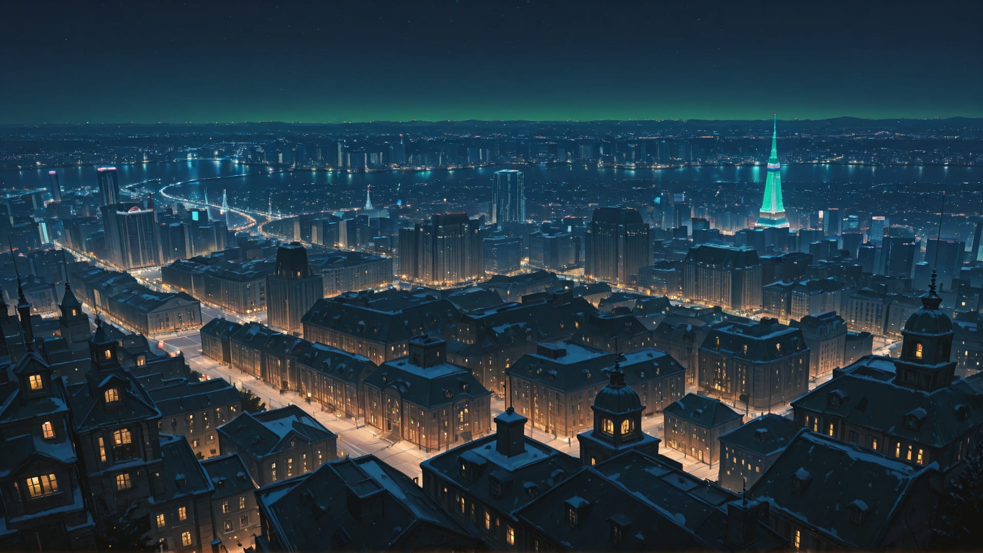 Green Night City Cat smartphone wallpaper free download, vertical 16:9 format, Green, Night, City, Winter 001
